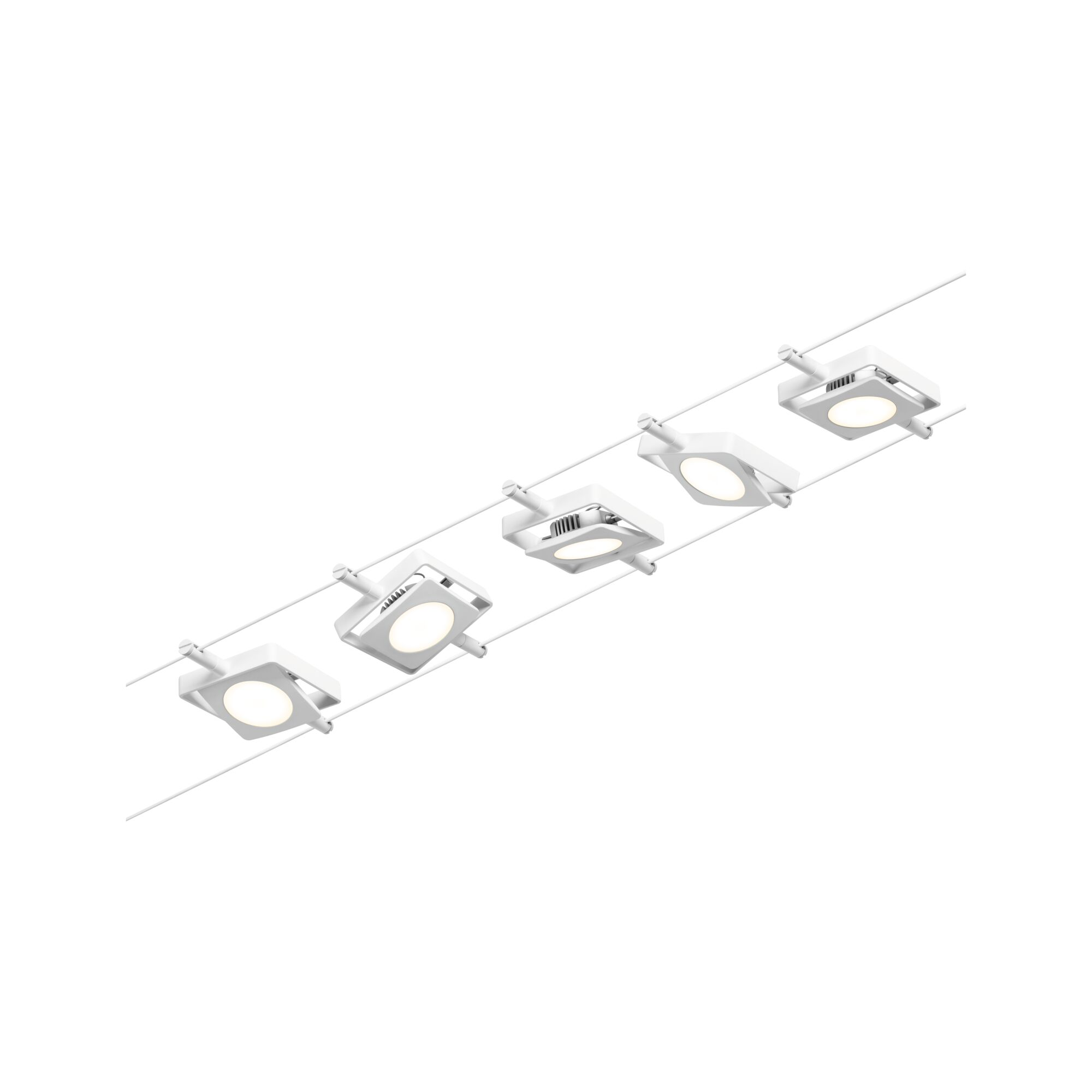 Quattro luci quadrate bianche pendono da un filo.