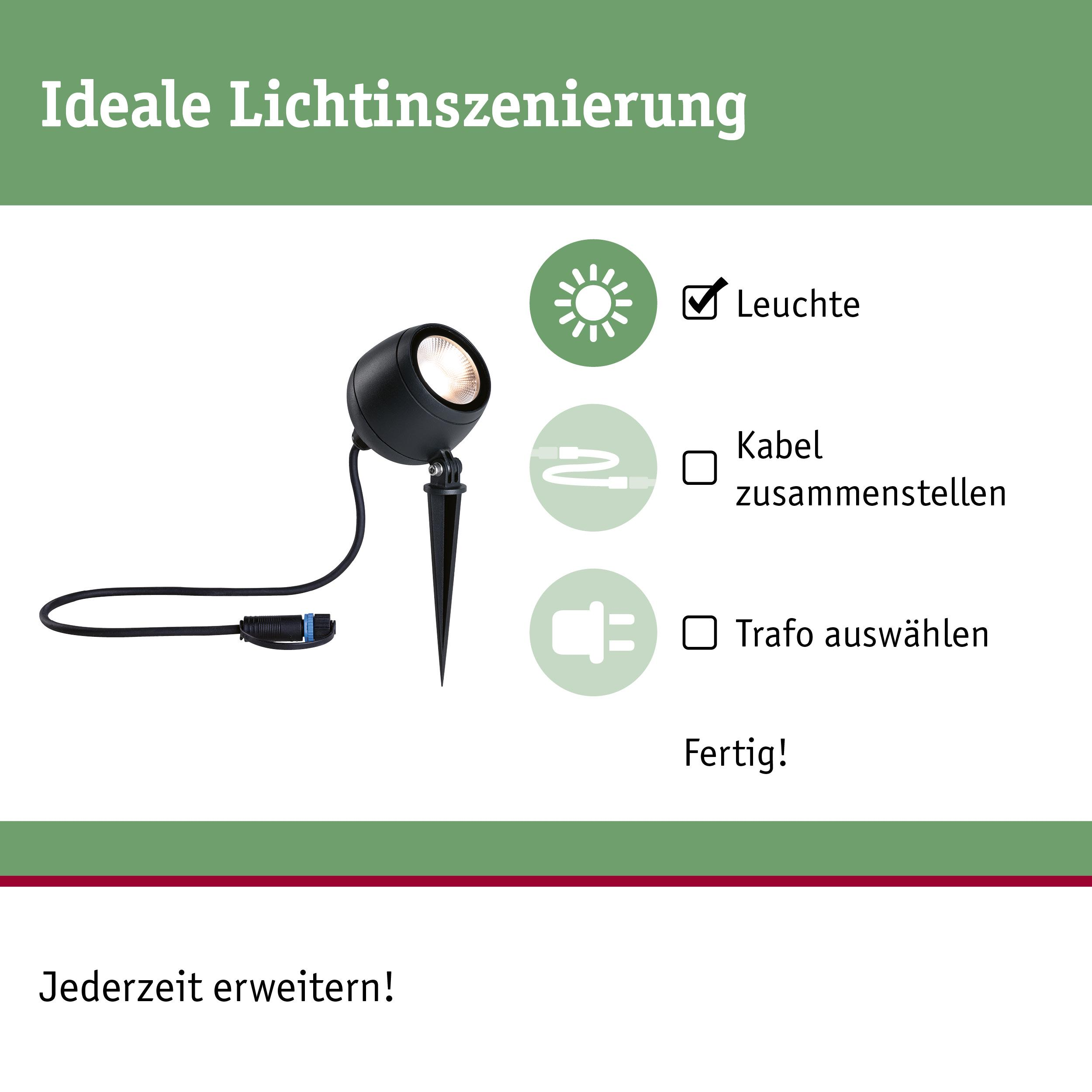Schwarzer Außenstrahler mit Kabel und Montageanleitung.