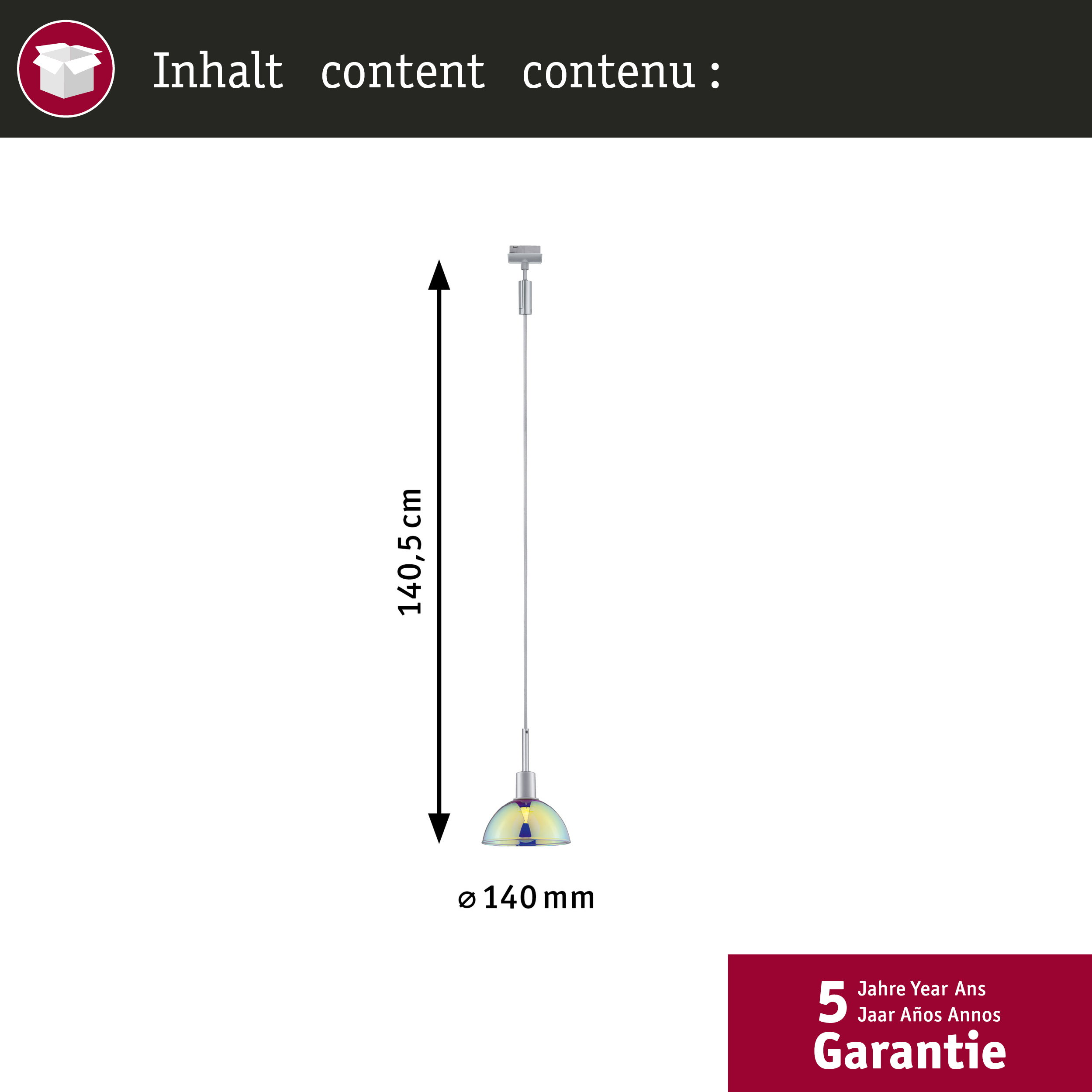 Pendelleuchte mit 140,5 cm Höhe und 140 mm Durchmesser.