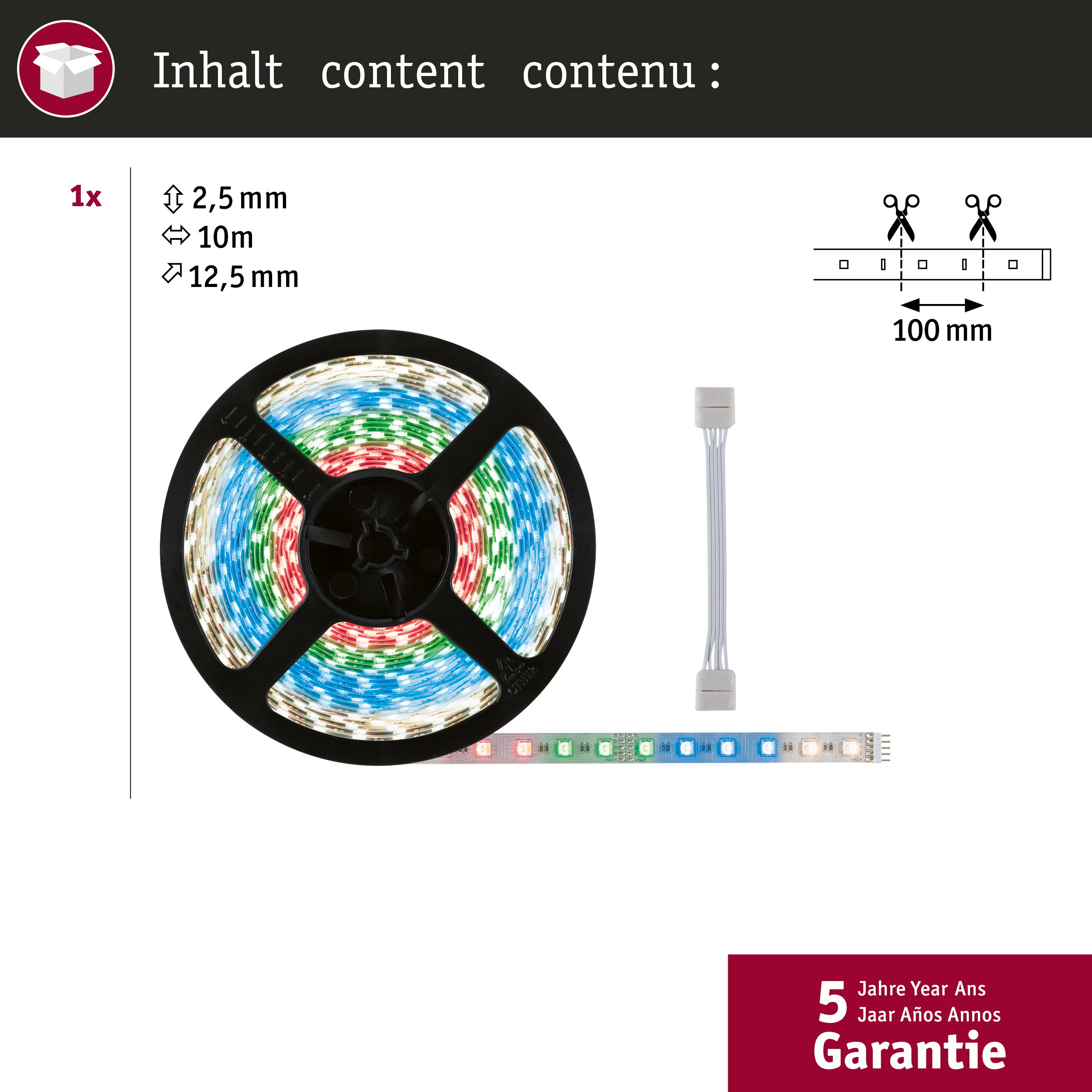 LED-Streifen auf Spule mit Zubehör und Maßen 2,5mm x 10m x 12,5mm.