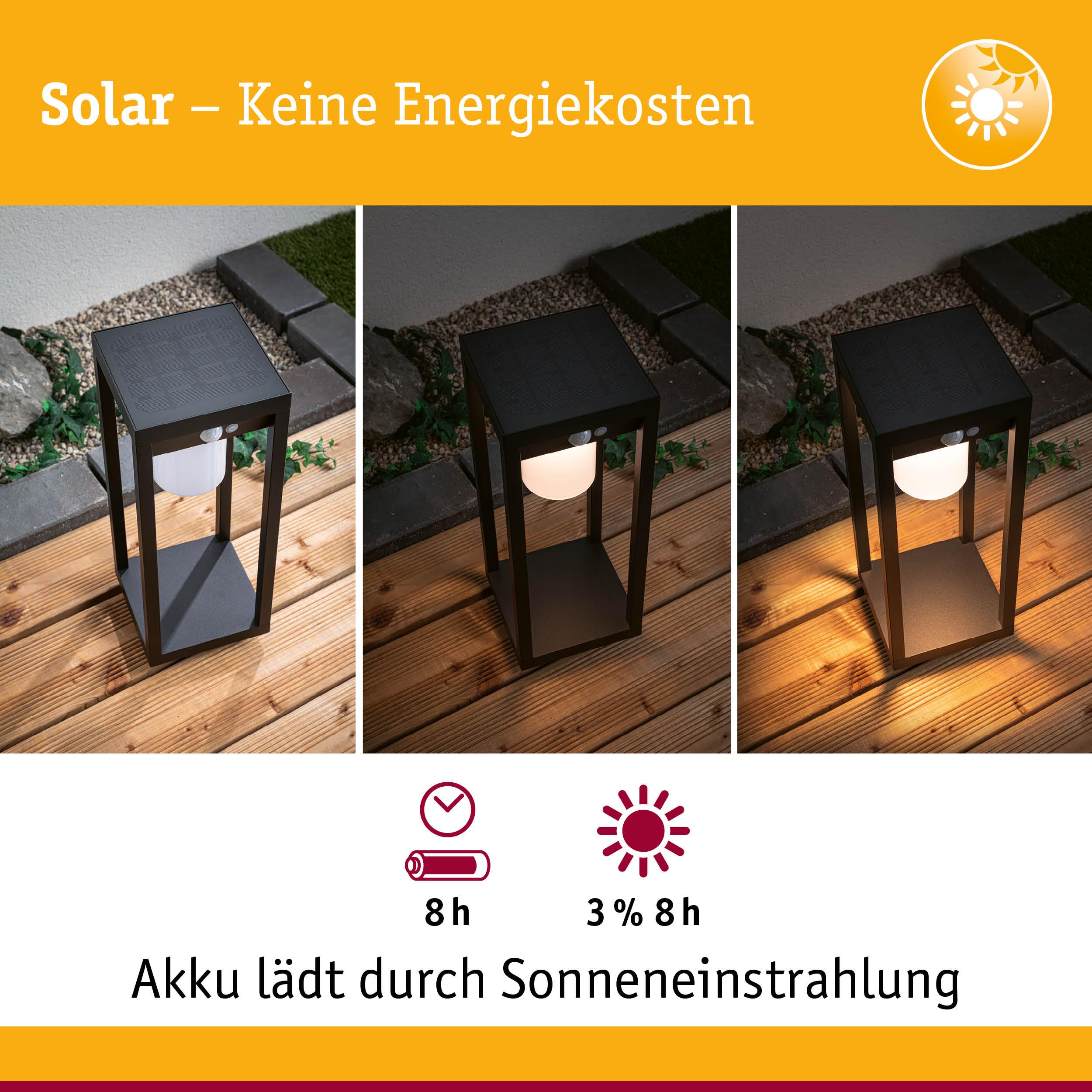 Solarleuchte mit Ladeanzeige und Sonnensymbol. Lädt bei Sonneneinstrahlung.
