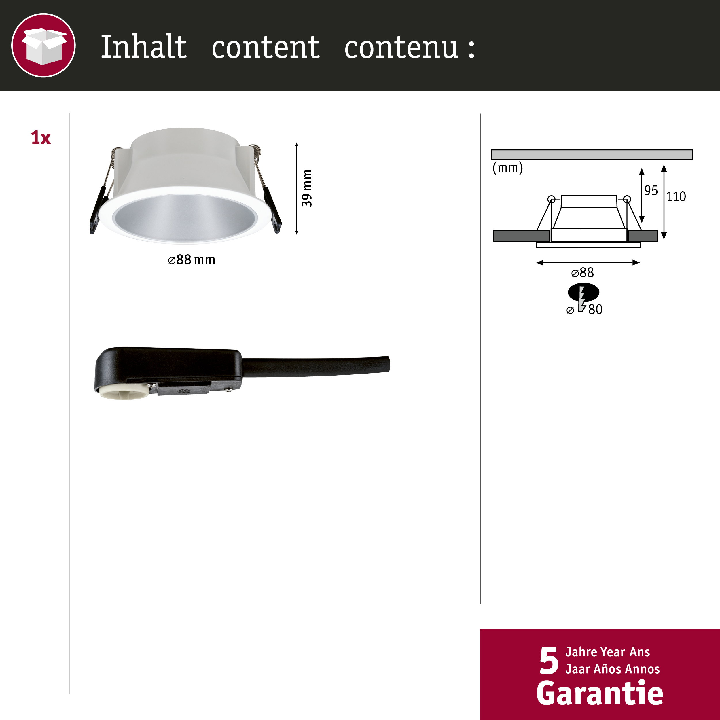 Lampada da incasso bianca con dimensioni e cavo di collegamento.