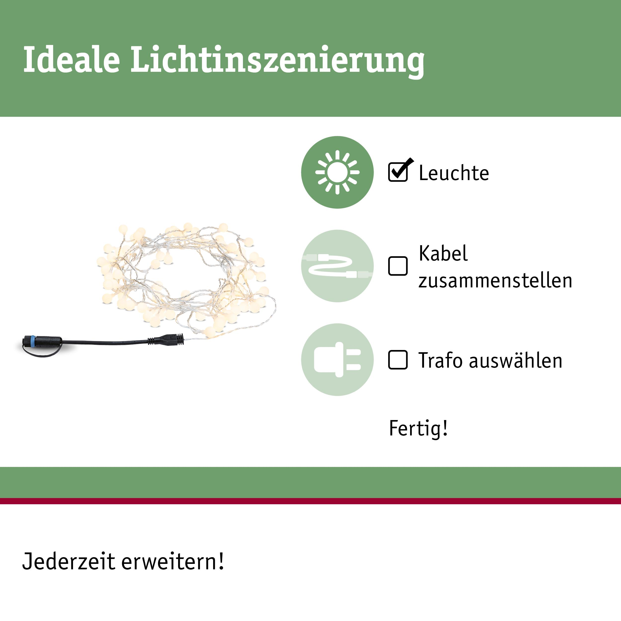 Lichterkette mit Kabel, Stecker und Icons für Licht, Kabel und Trafo.