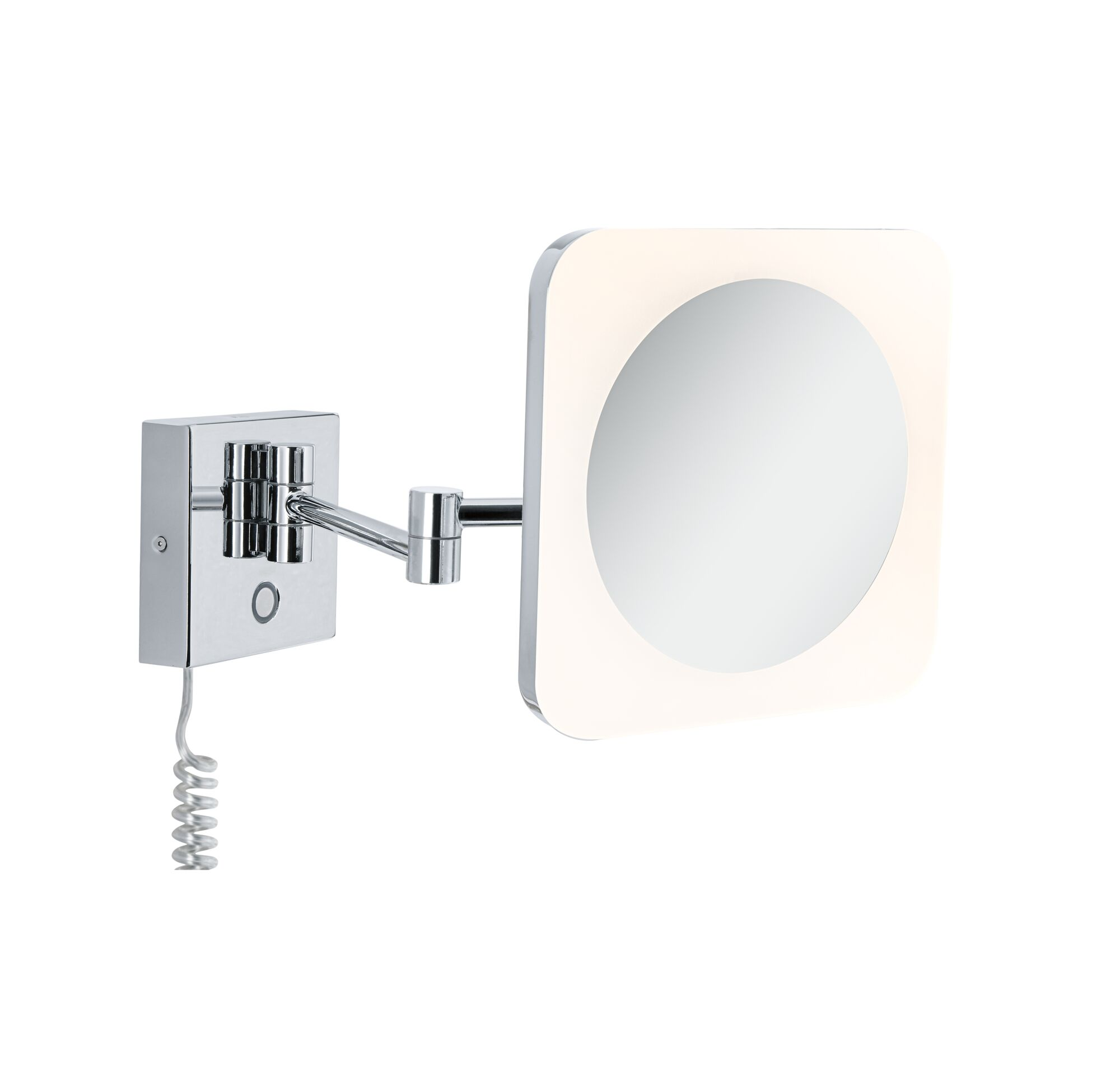 Ein schwenkbarer Wandspiegel mit LED-Beleuchtung und ausziehbarem Arm.
