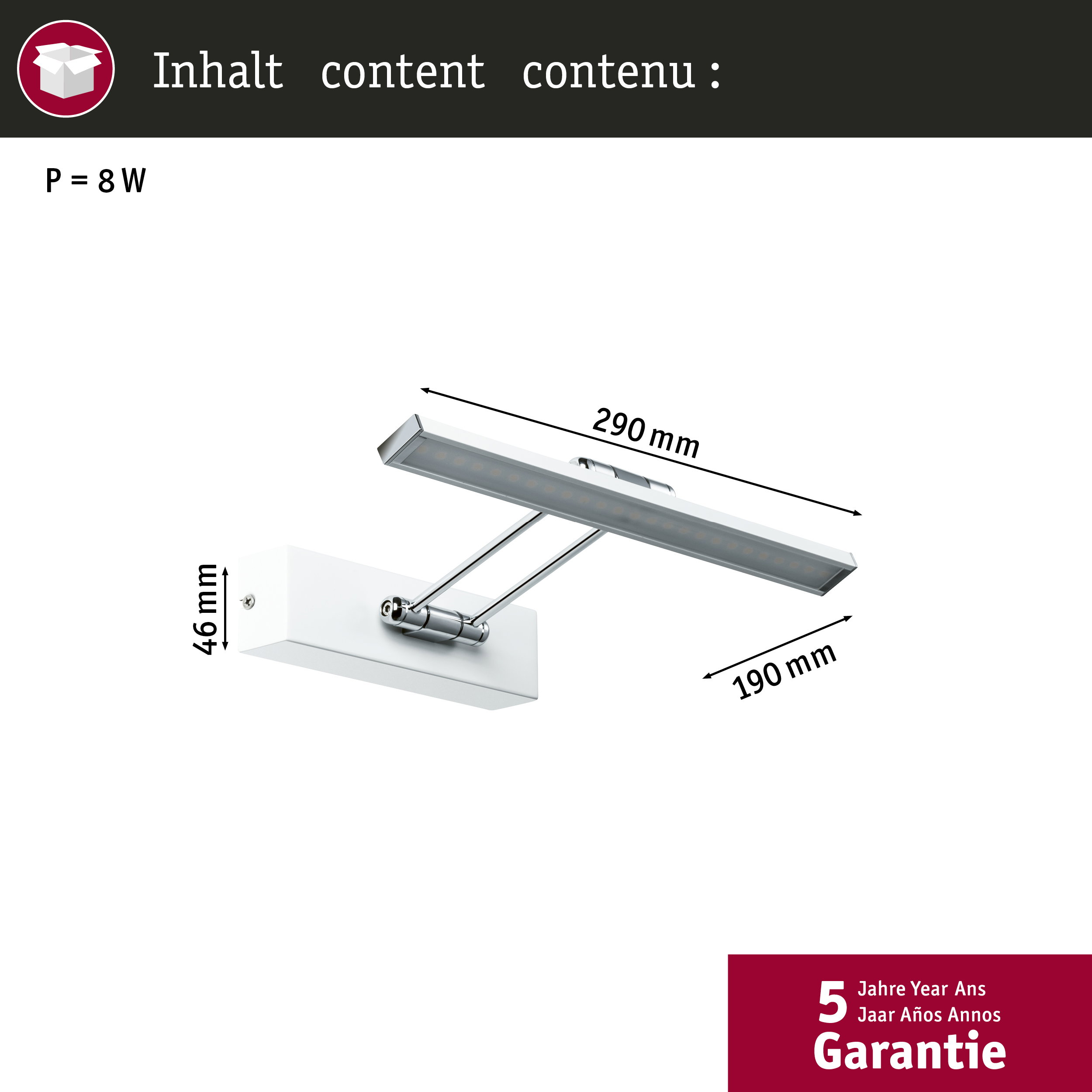 Biała lampa ścienna z listwą LED, długość 290mm, wysokość 46mm.