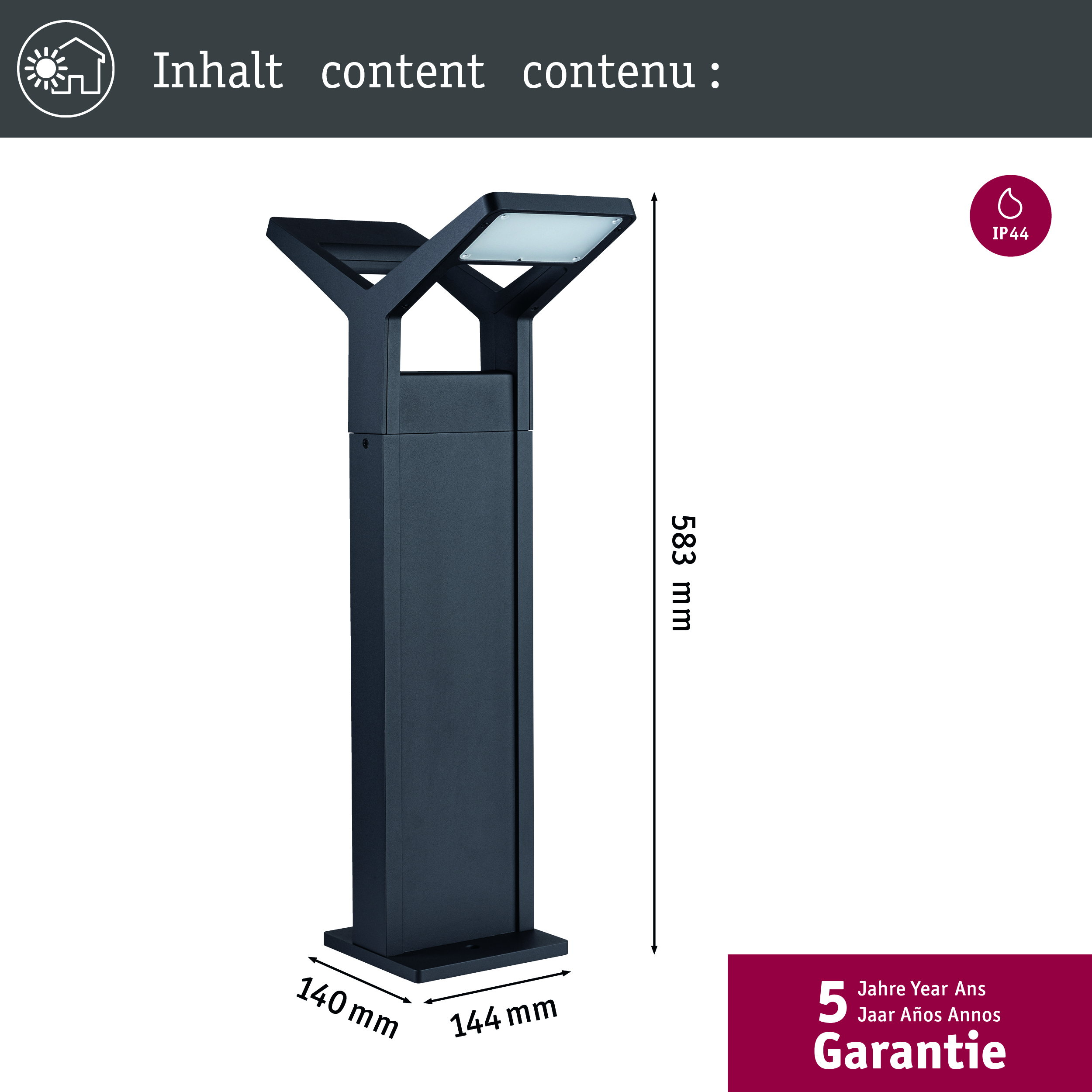 Czarna lampa zewnętrzna, wymiary 140x144x583mm, IP44, 5 lat gwarancji.