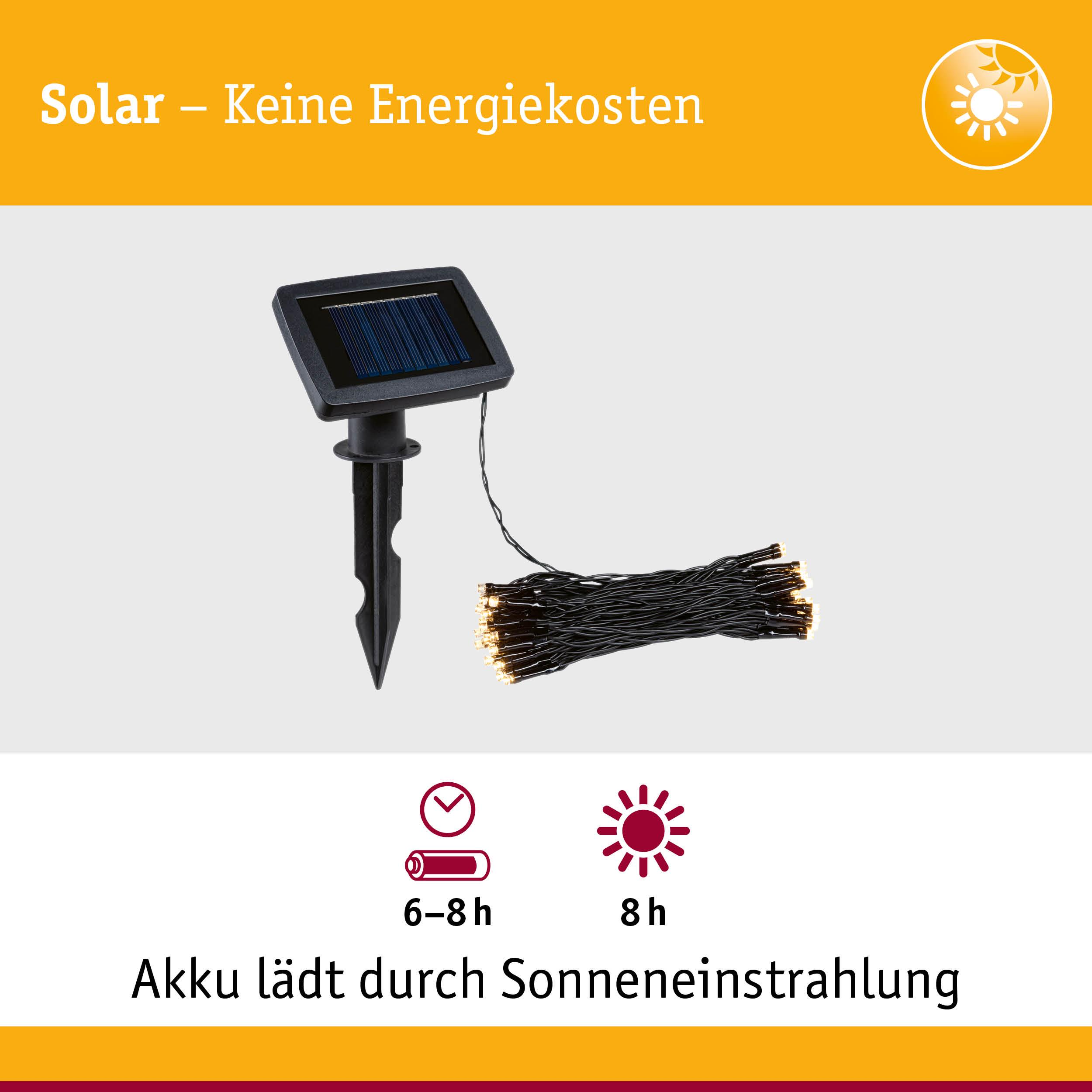 Solarleuchte mit Erdspieß, Kabel und Lichterkette. Lädt 6-8h, leuchtet 8h.