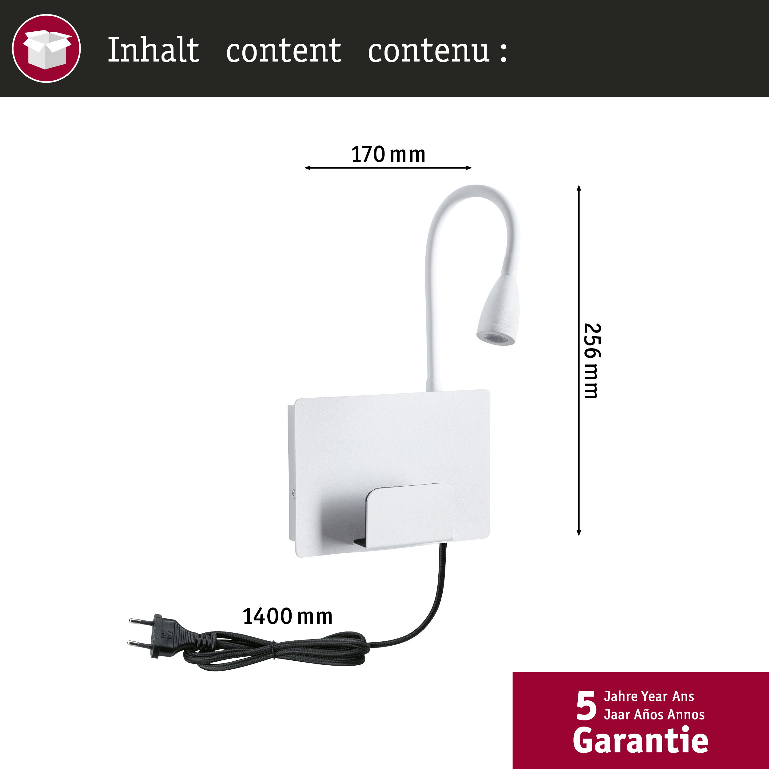 Biała lampka biurkowa z elastycznym ramieniem, 170mm szeroka, 256mm wysoka, kabel 1400mm.