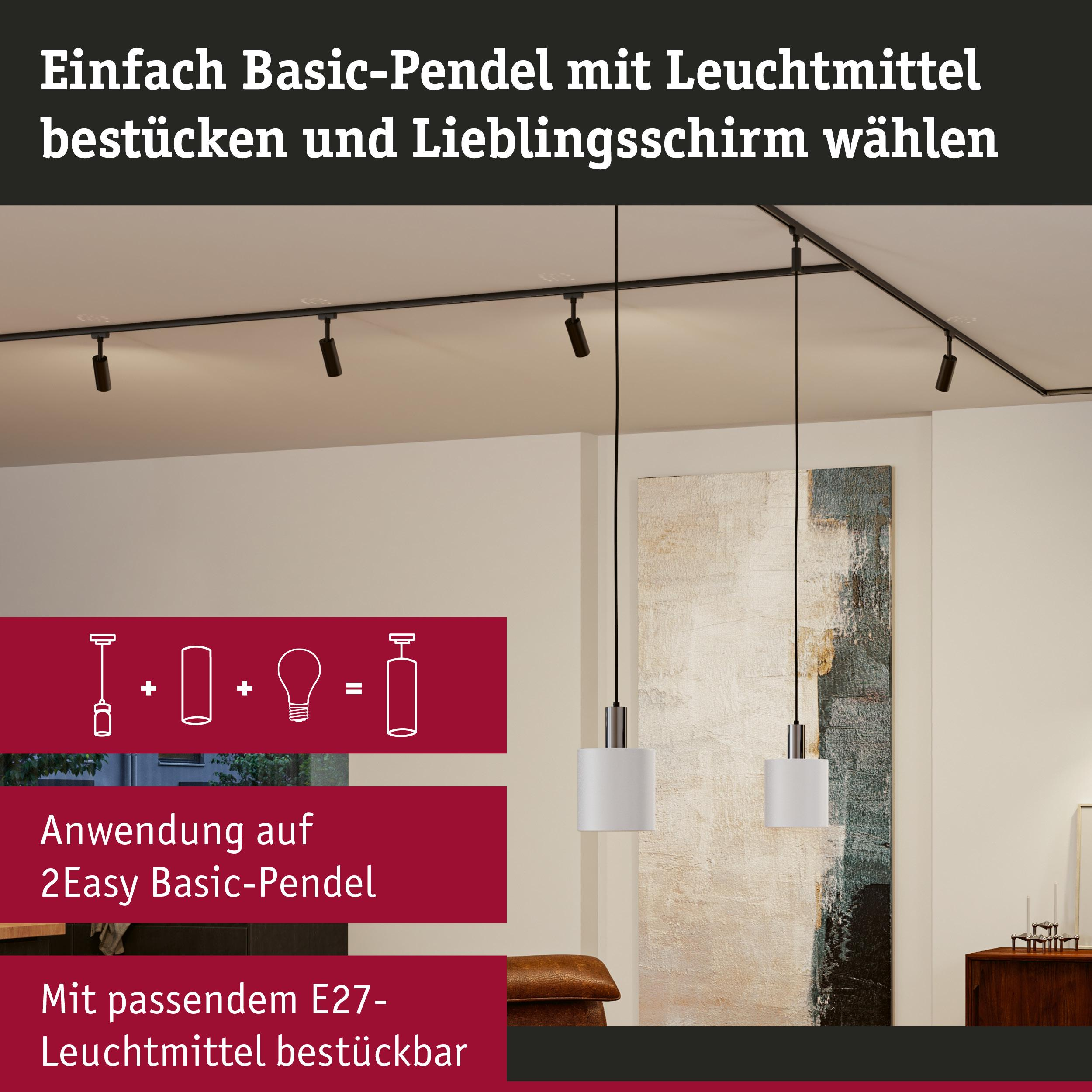 Schwarze Pendelleuchte an Schienensystem; weiße Zylinderlampenschirme.