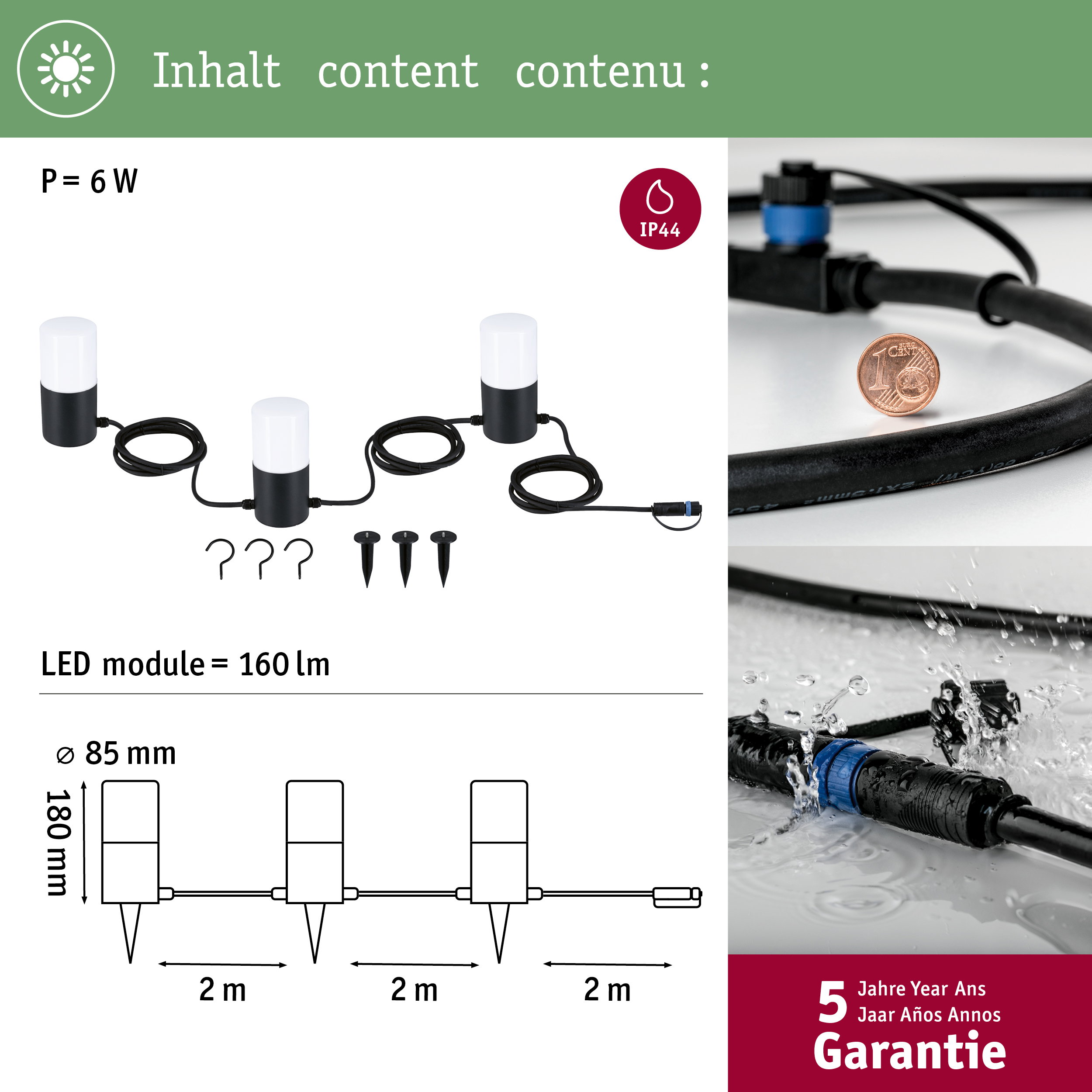 Gartenleuchten mit 6W, 160lm, 85mm Durchmesser, 2m Abstand, IP44.