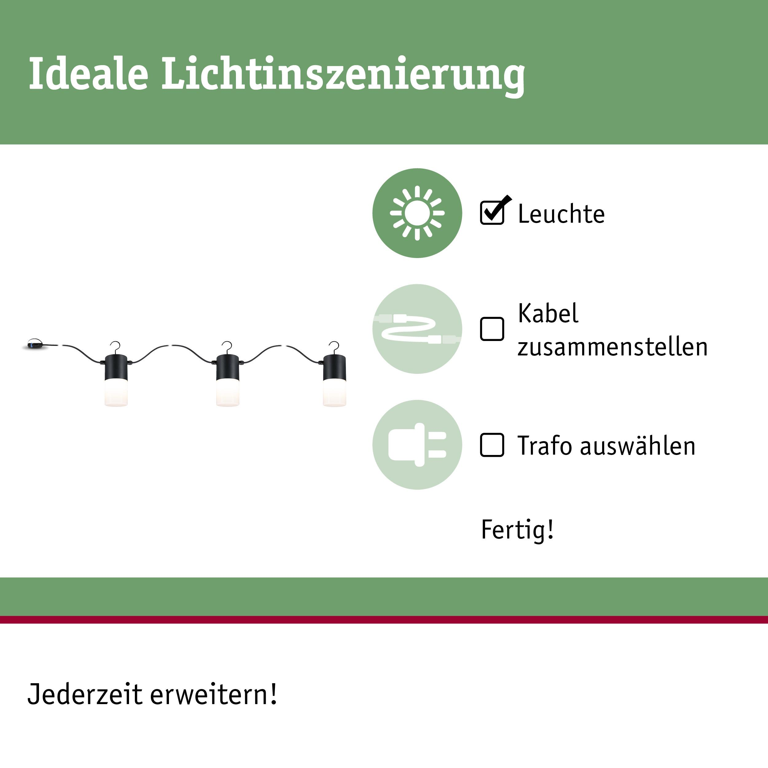 Lichterkette mit drei weißen Lichtern und Zubehörsymbolen.