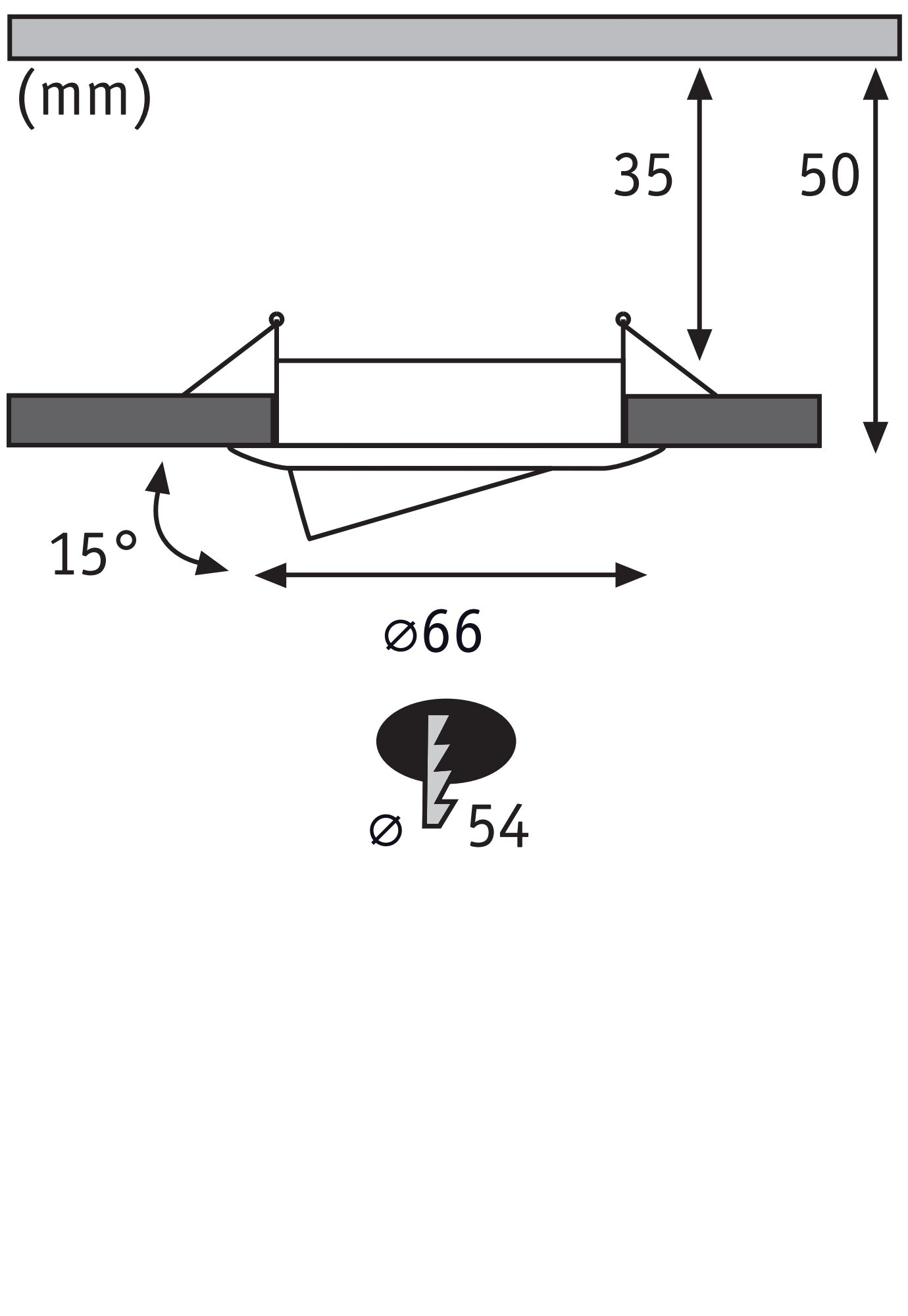 Rysunek techniczny z wymiarami: 15°, 35 mm, 50 mm, Ø66 mm, Ø54 mm.