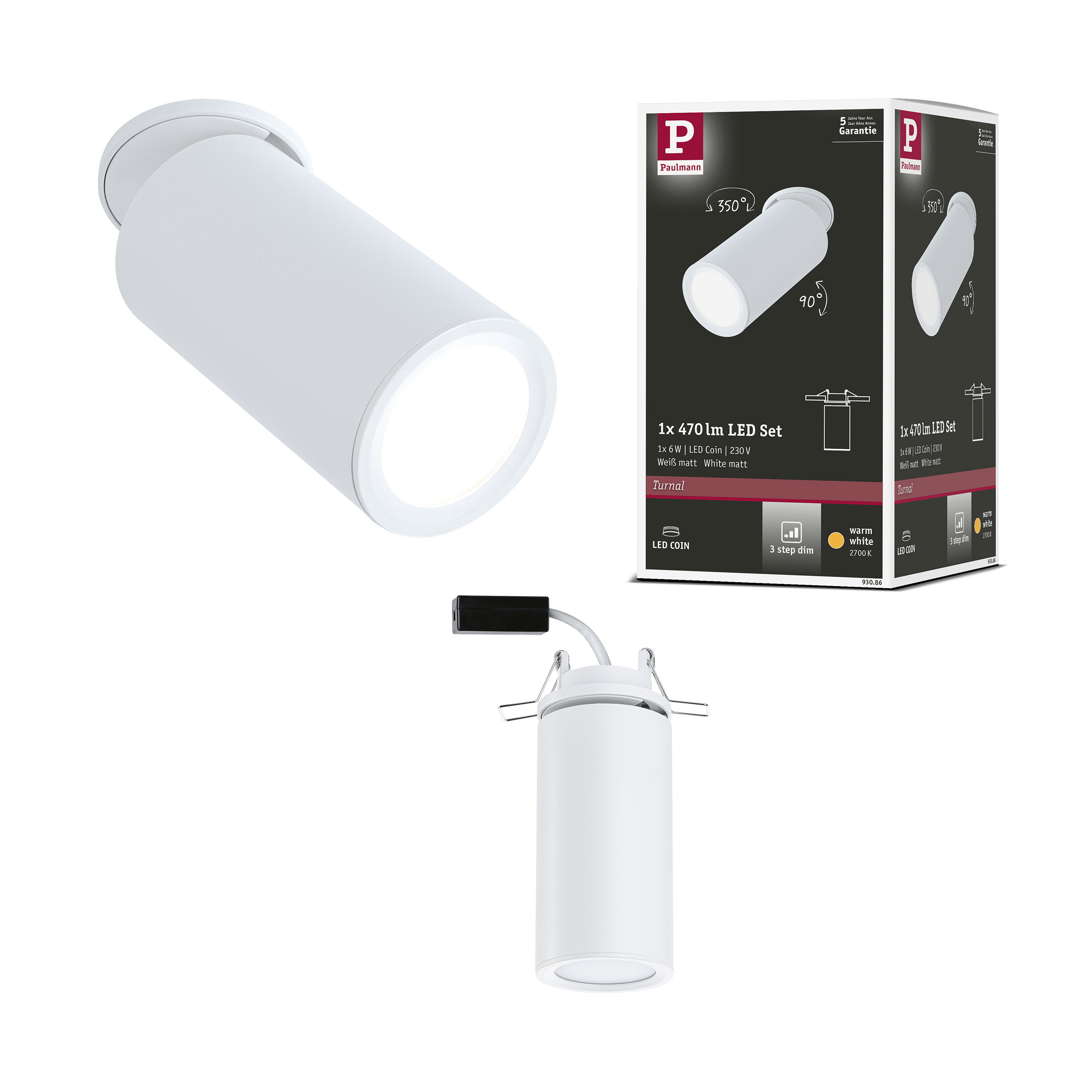 Biały spot wpuszczany z logo Paulmann i opakowaniem, szczegółowe informacje.