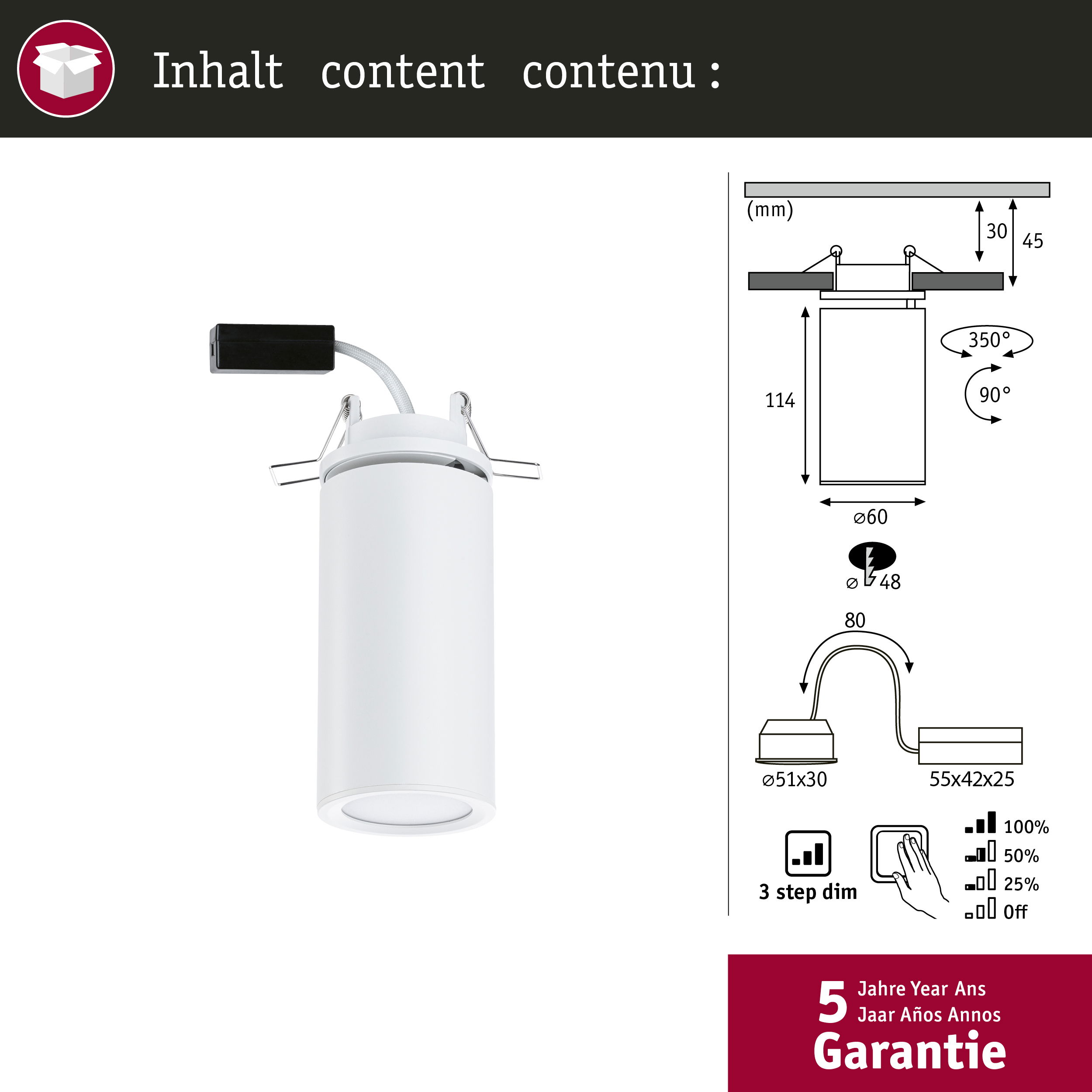 Biała lampa wpuszczana z rysunkami technicznymi i informacjami o gwarancji.