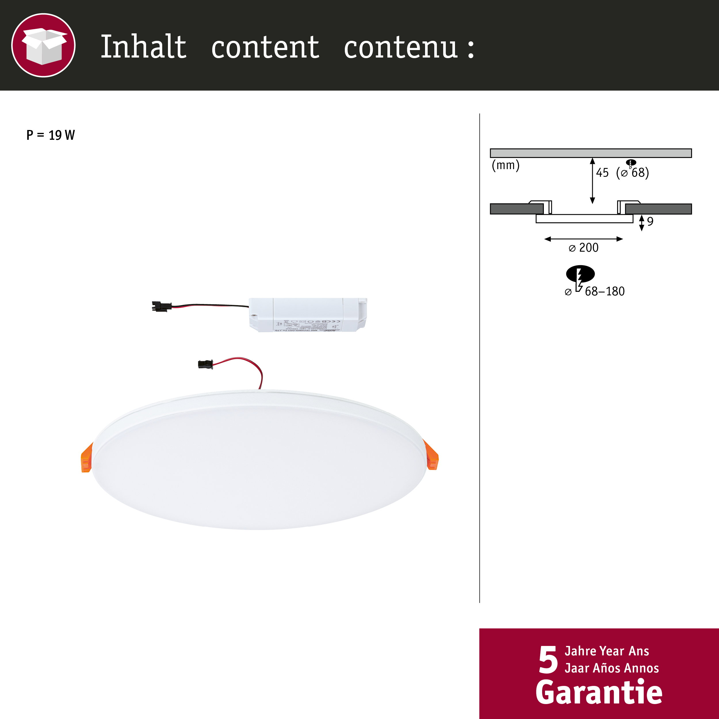 Biała lampa wpuszczana z zasilaczem i wymiarami technicznymi.