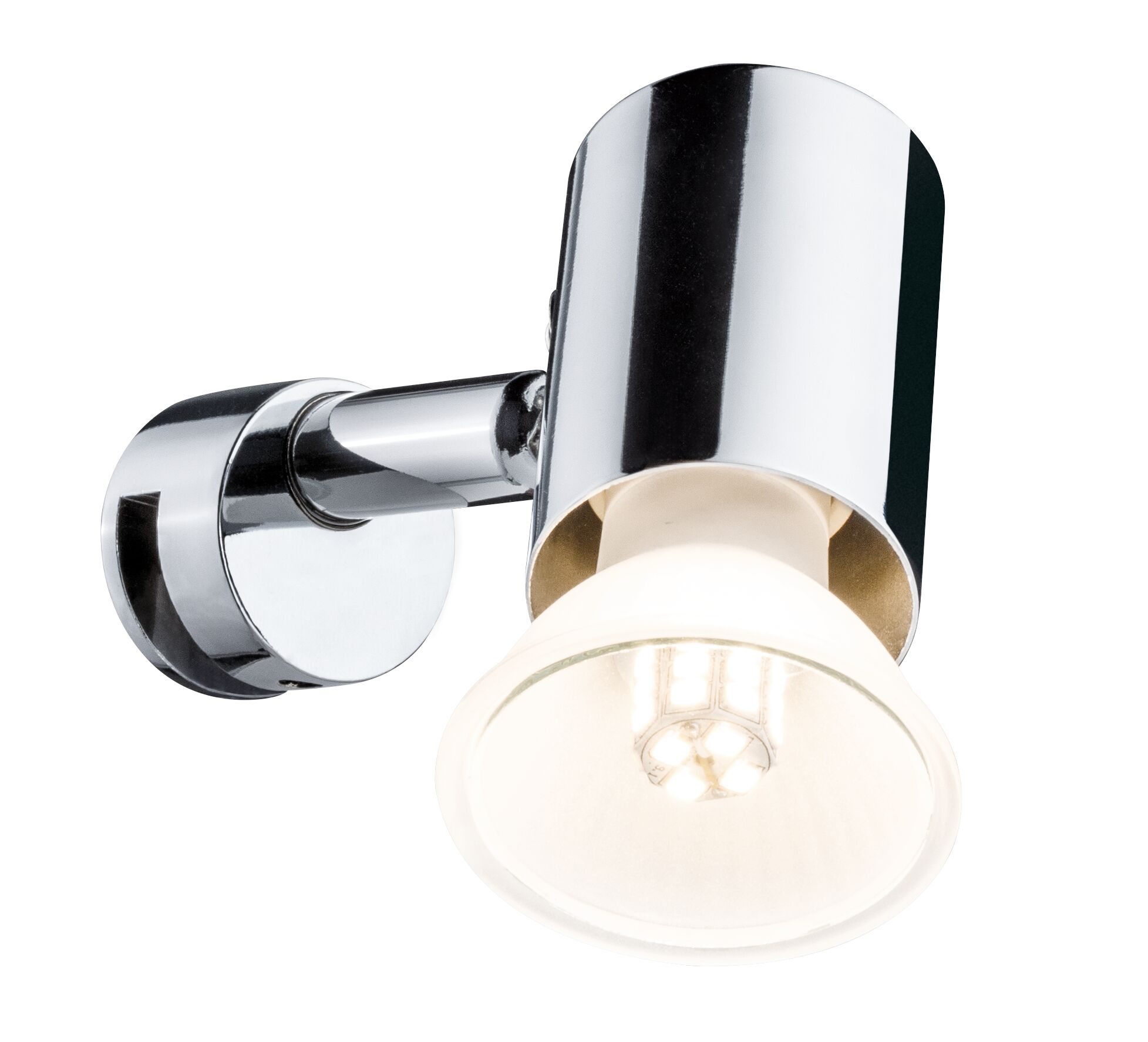 Błyszcząca chromowana lampa ścienna z cylindryczną obudową i żarówką.