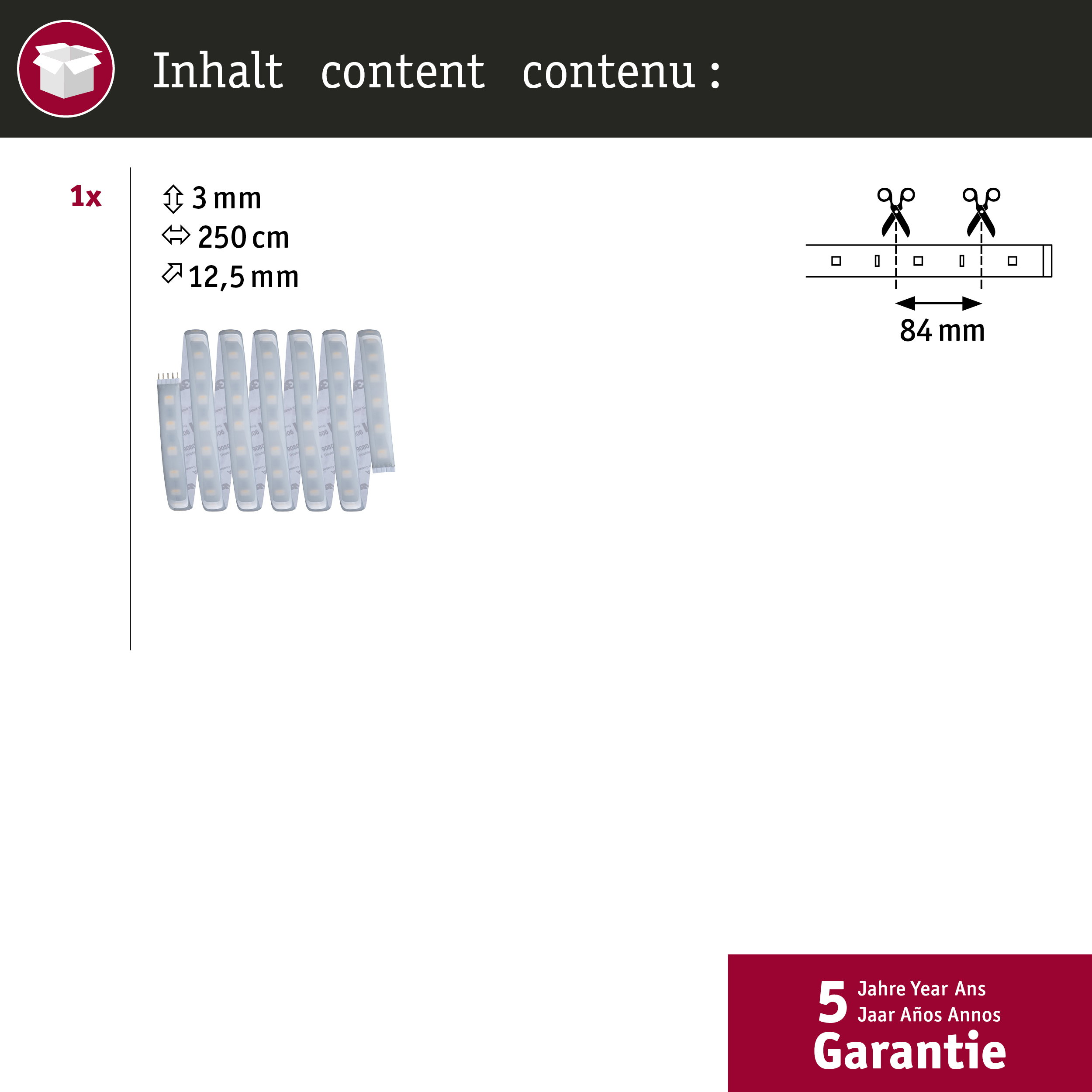 Taśma LED 3mm gruba, 250cm długa, 12,5mm szeroka. 5 lat gwarancji.