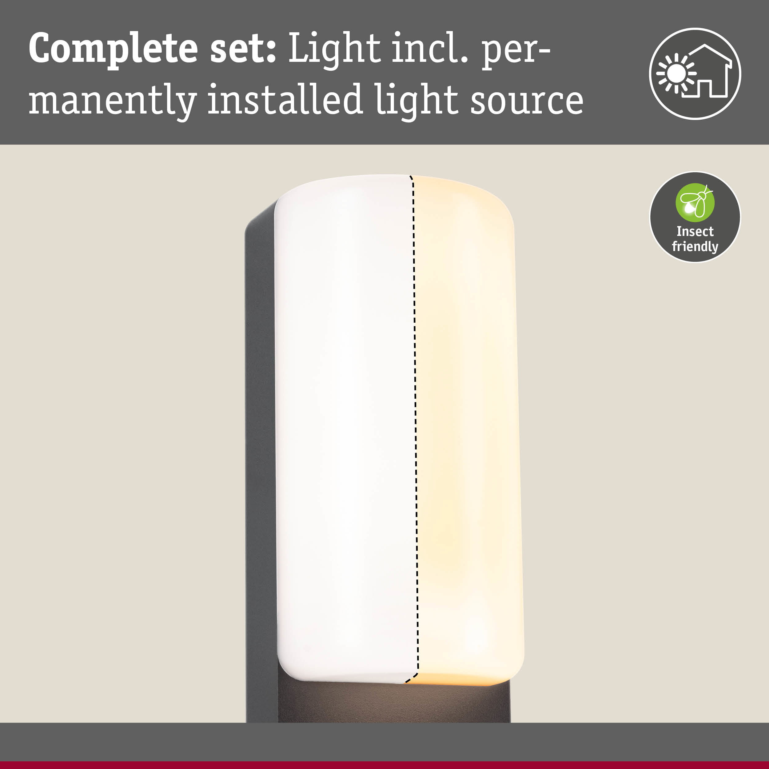 Podłużna lampa, podzielona na białe i żółte światło. Źródło światła w zestawie.