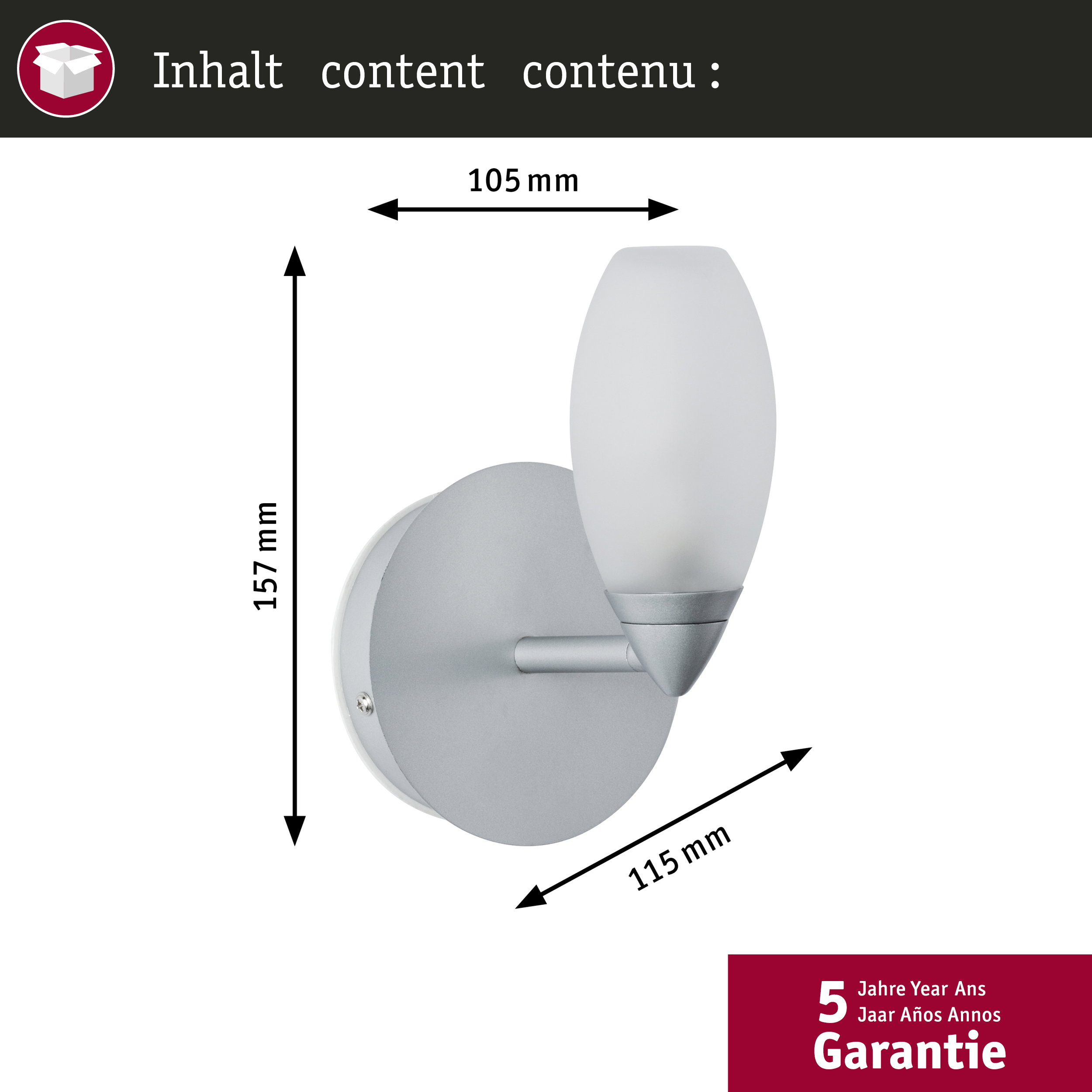 Un braccio di lampada da parete argentato con paralume satinato. Dimensioni: 105x157x115mm.