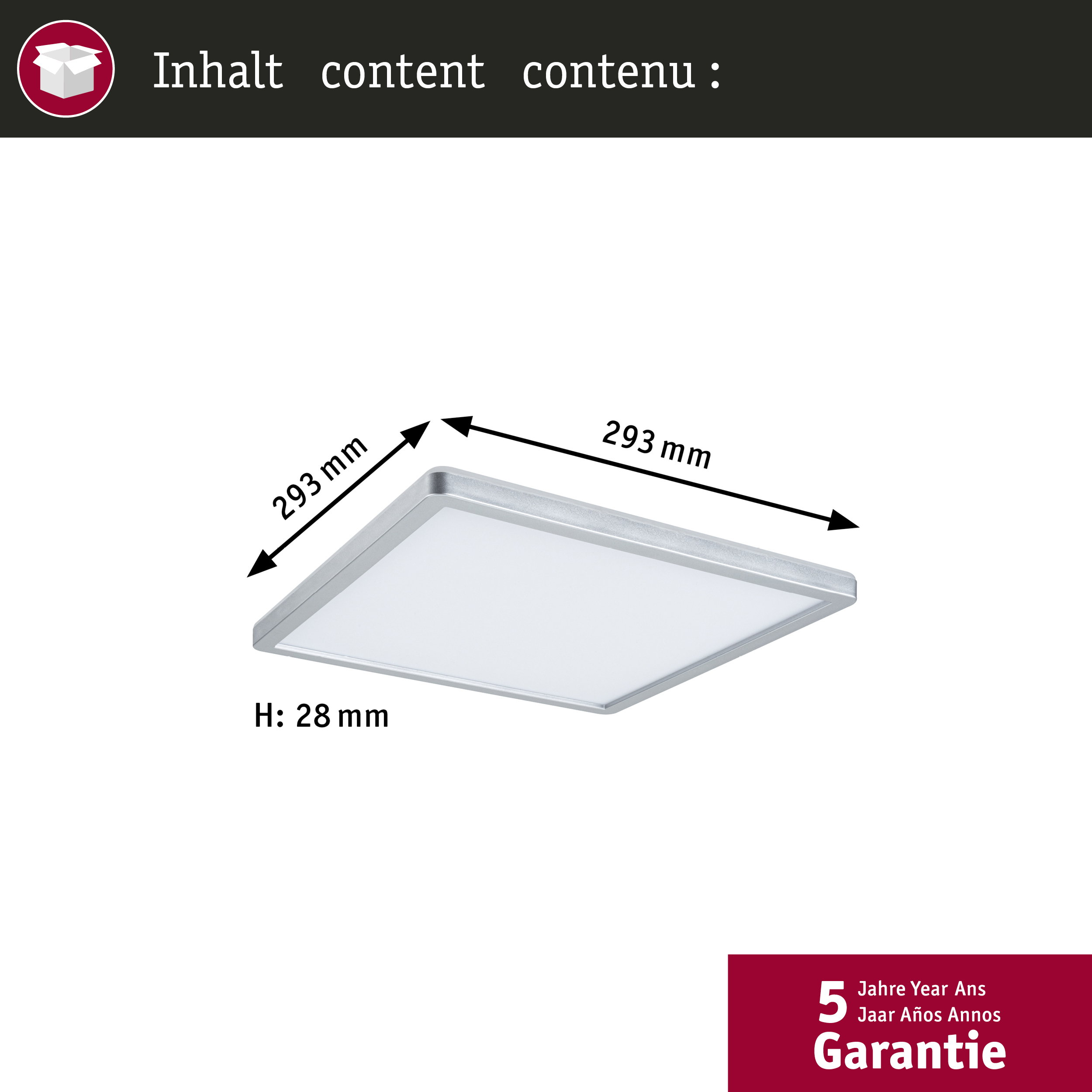 Prostokątny, płaski panel LED z srebrną ramą. Wymiary 293x293x28mm.