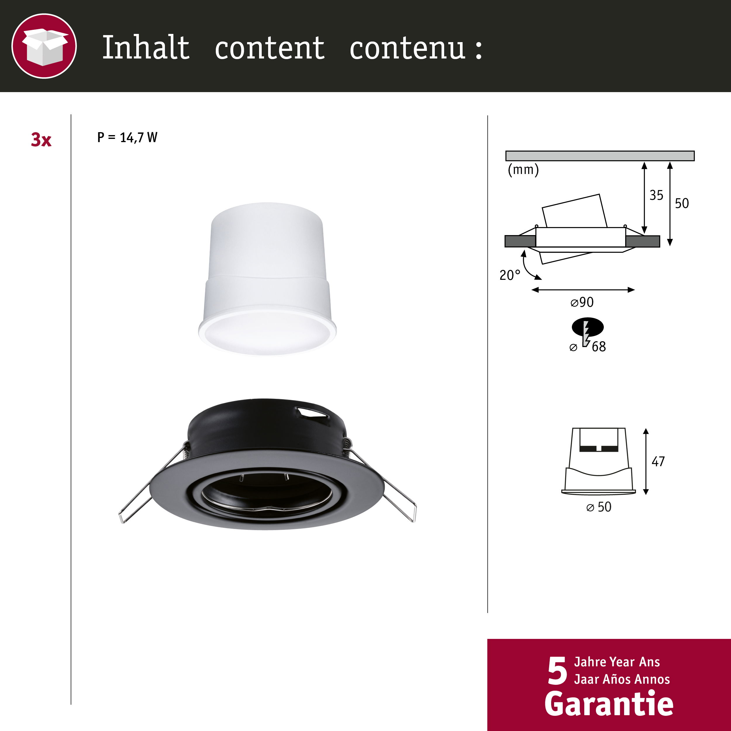 Lampa wpuszczana z białym kloszem i czarną obudową, rysunek techniczny z wymiarami.