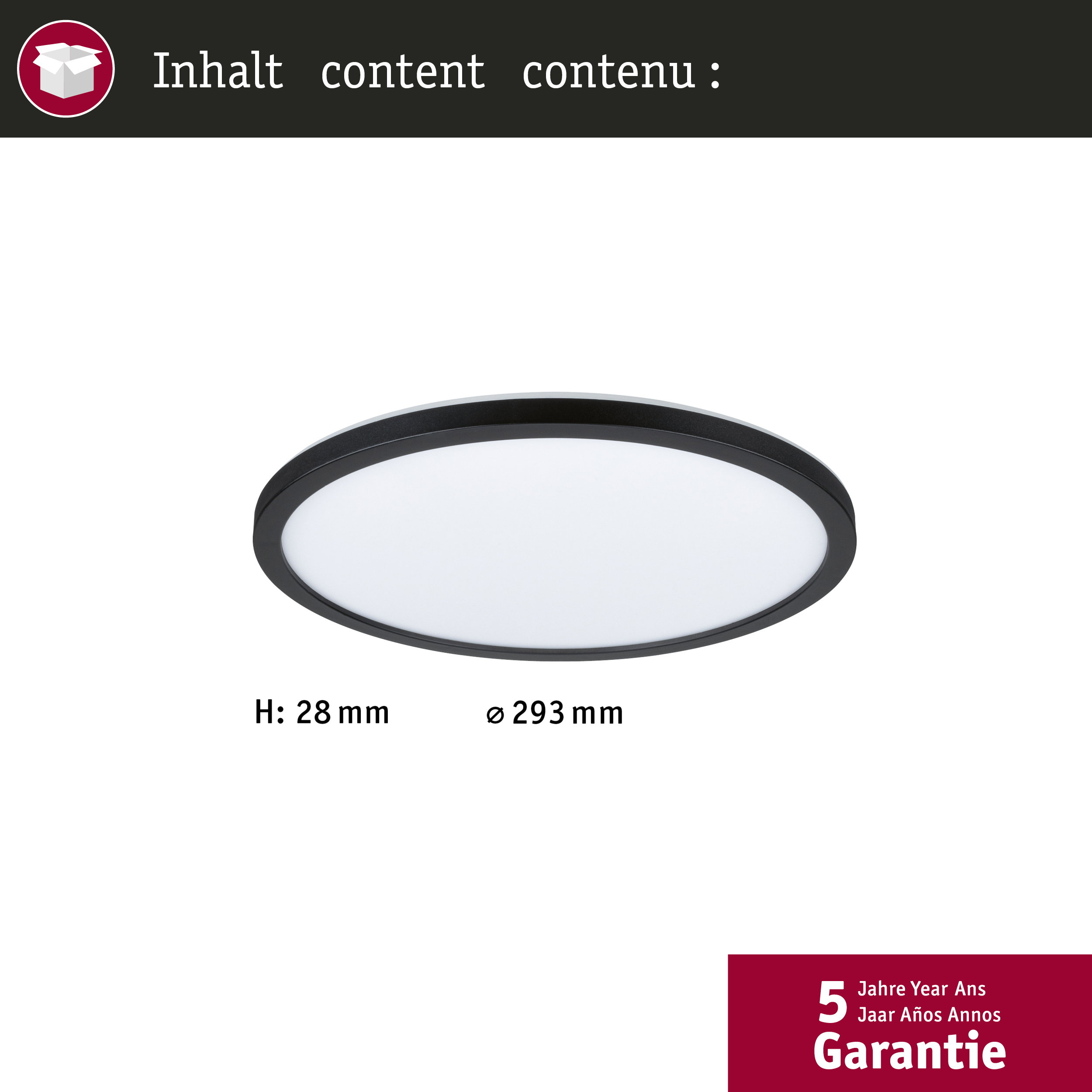 Runde Deckenleuchte mit schwarzem Rand, H: 28mm, D: 293mm.