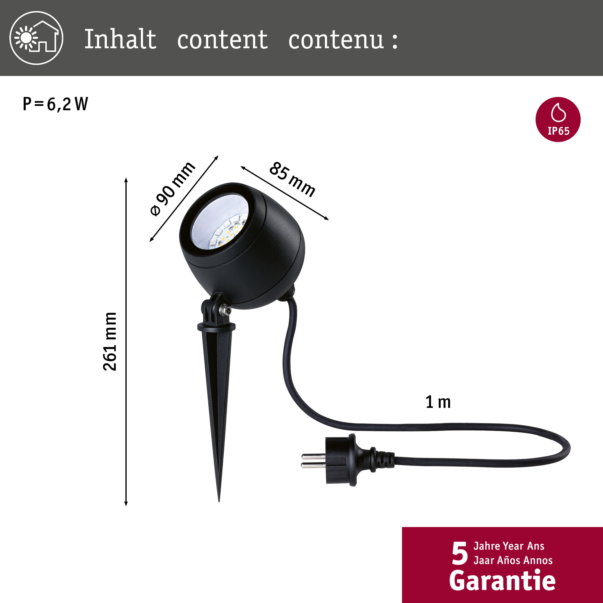 Czarny reflektor ogrodowy LED z bolcem, moc 6,2W, wysokość 261mm.