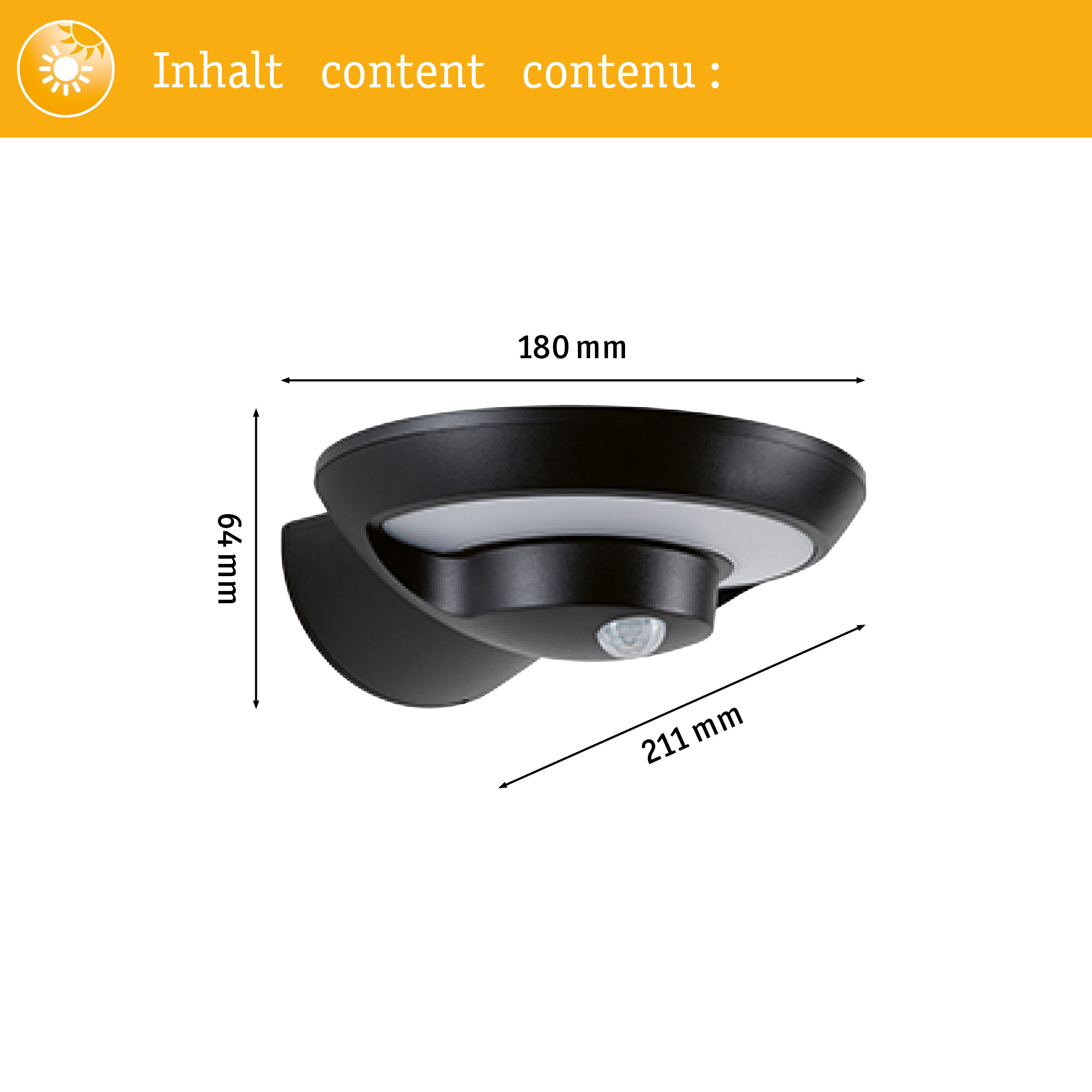 Czarna lampa ścienna z czujnikiem ruchu, 64x180x211mm.