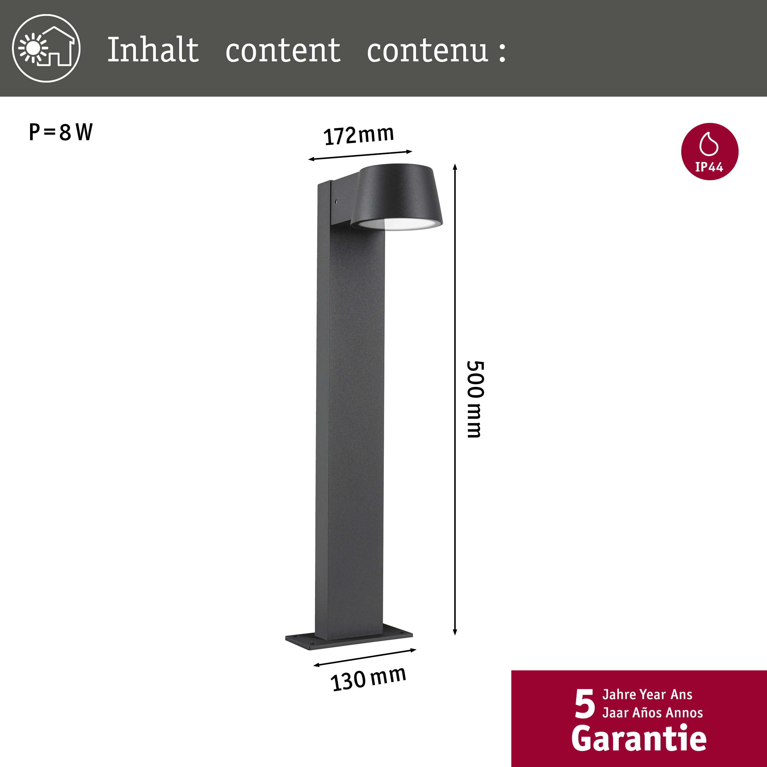 Ciemna, prostokątna lampa zewnętrzna o wysokości 500 mm z zaokrągloną głowicą.