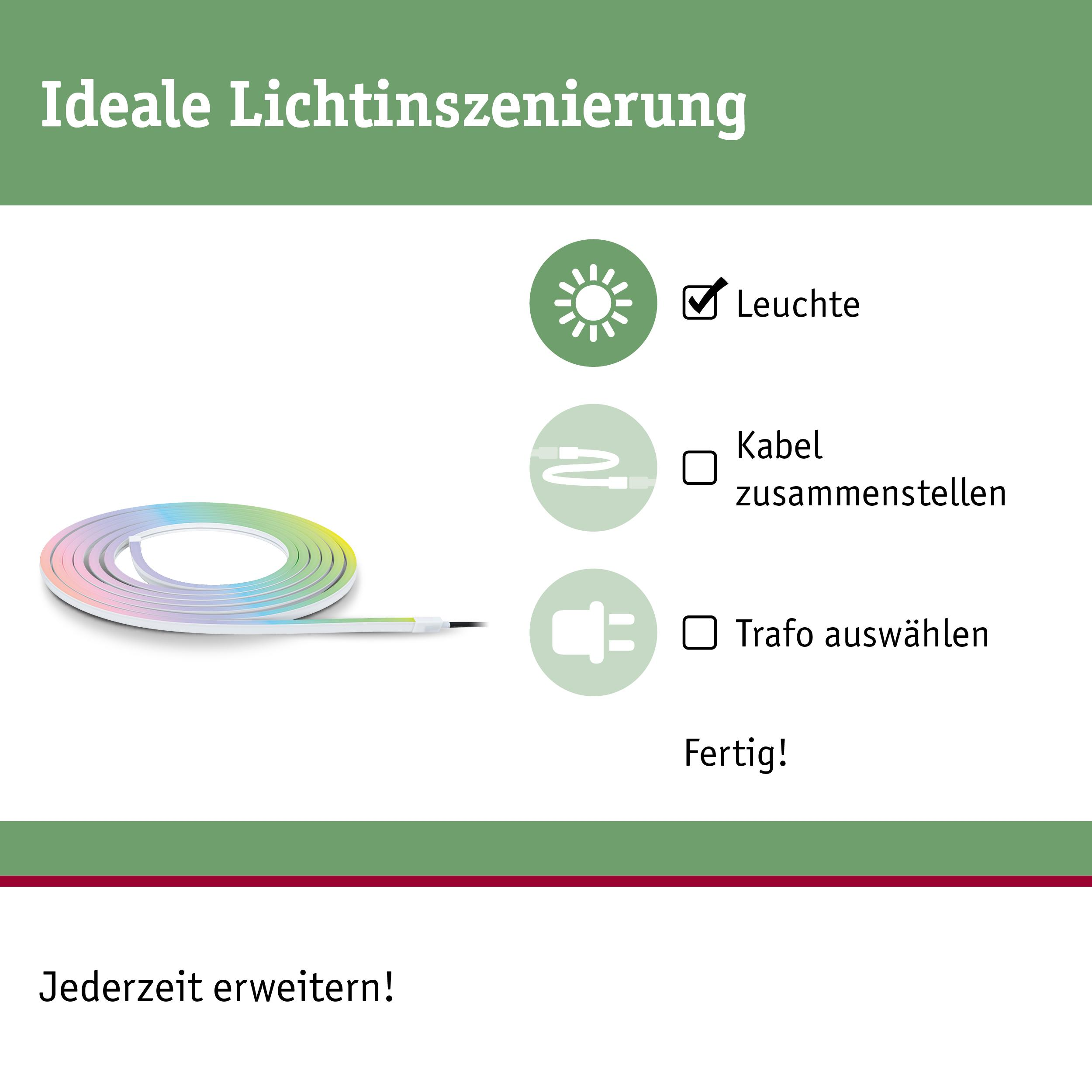 LED-Streifen mit bunten Lichtern und Installationsschritten: Leuchte, Kabel, Trafo.