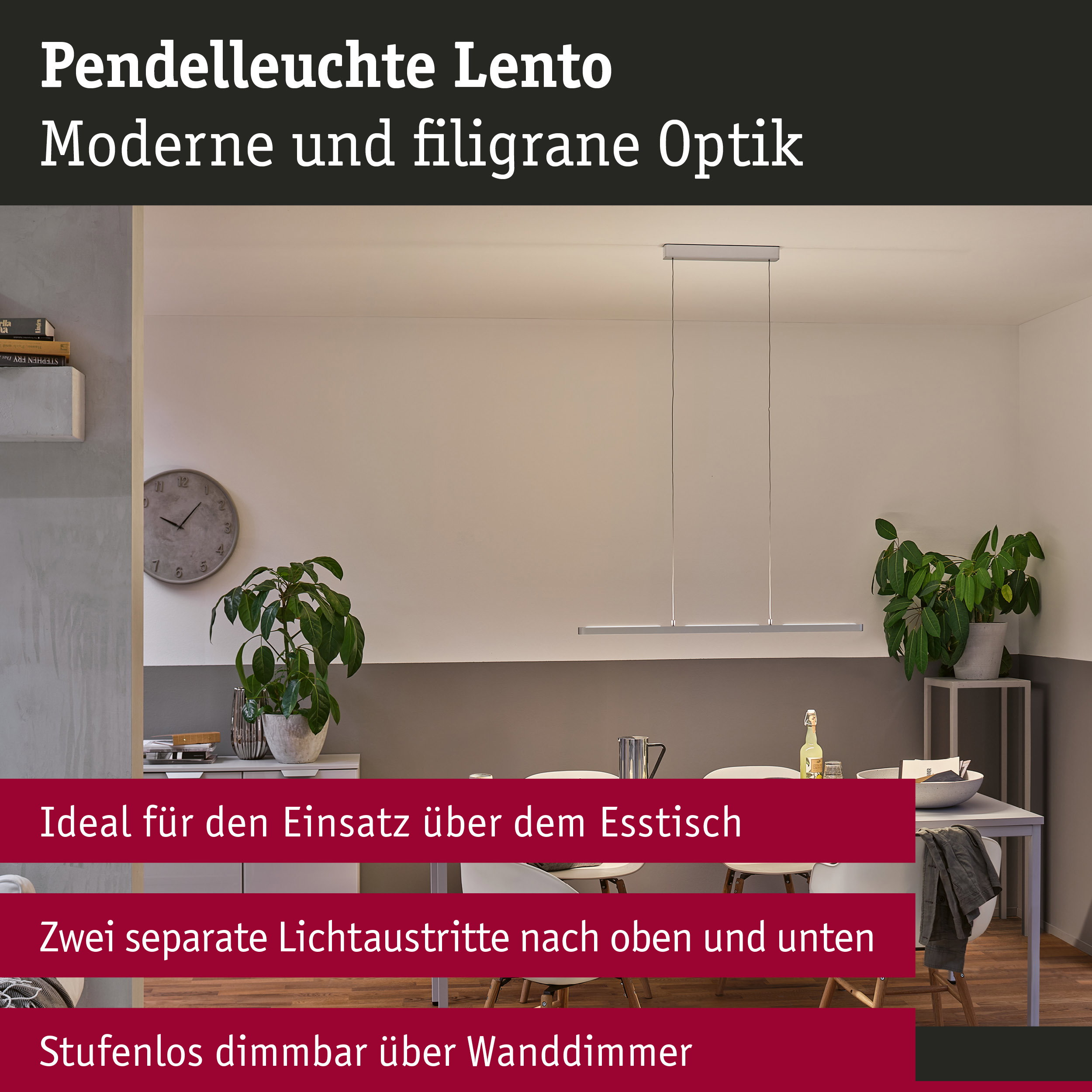 Plafonnier moderne Lento au-dessus d'une table de salle à manger.