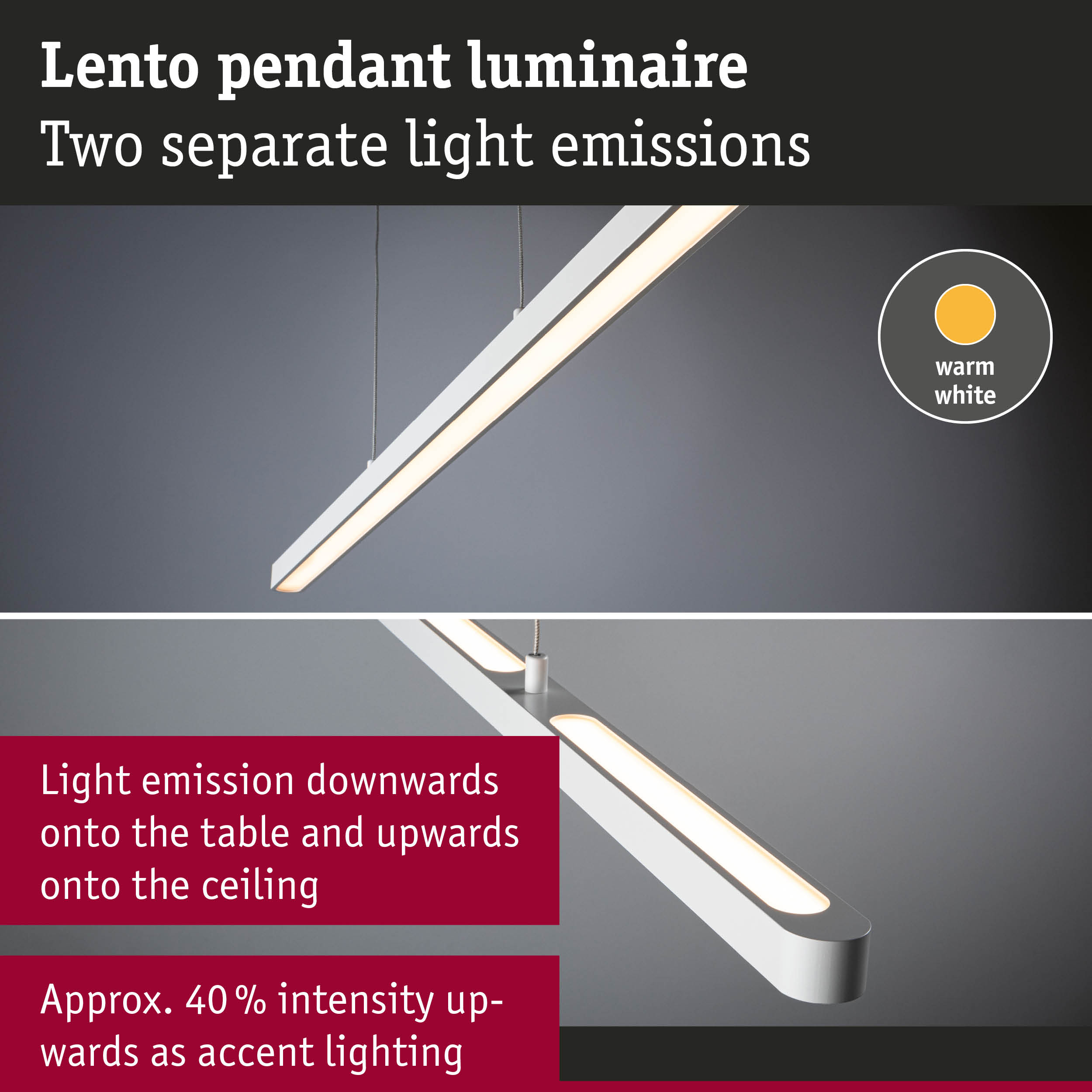 Lampada a sospensione Lento con due emissioni di luce separate, bianco caldo.