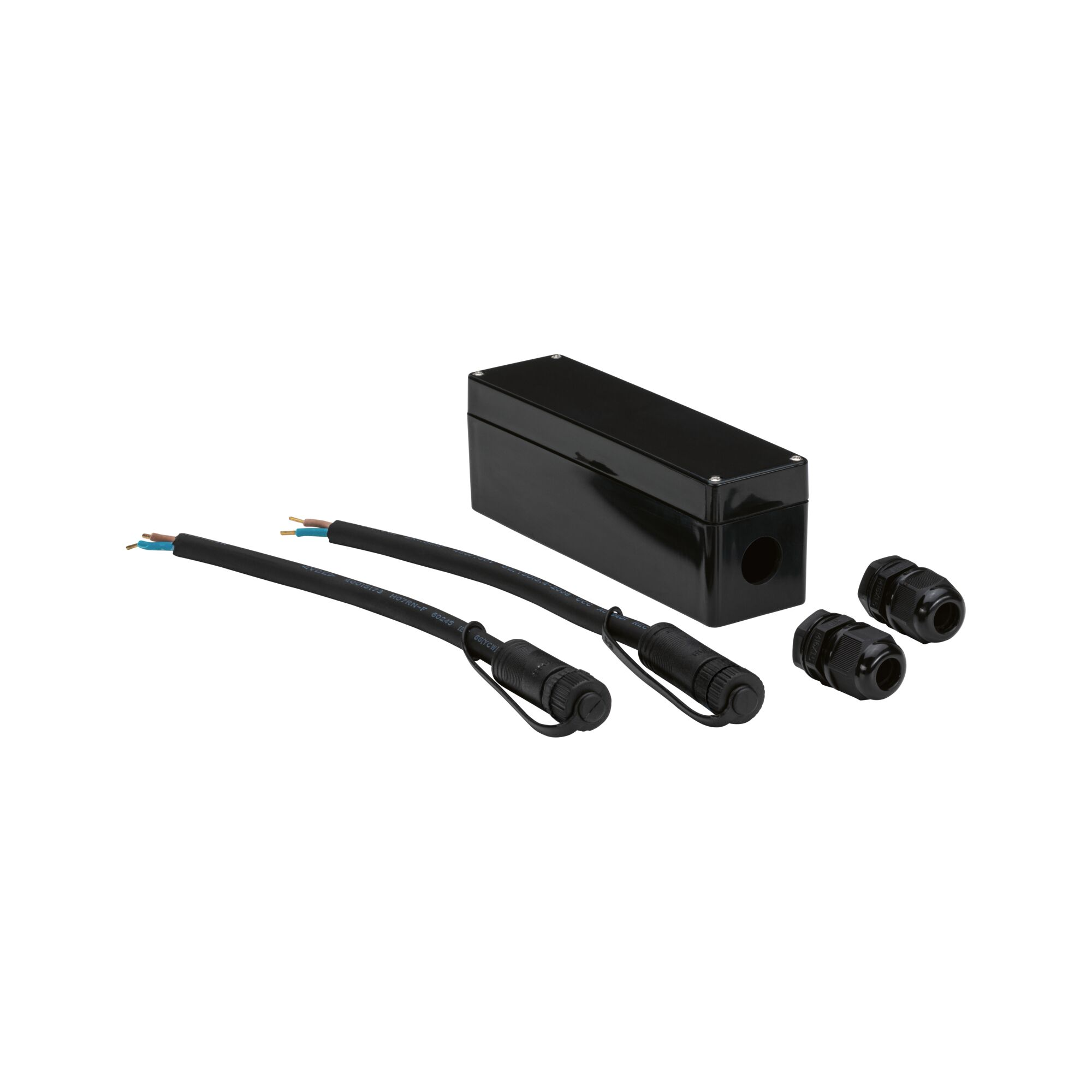 Schwarze Anschlussbox mit Kabeln und Verschraubungen auf weißem Hintergrund.