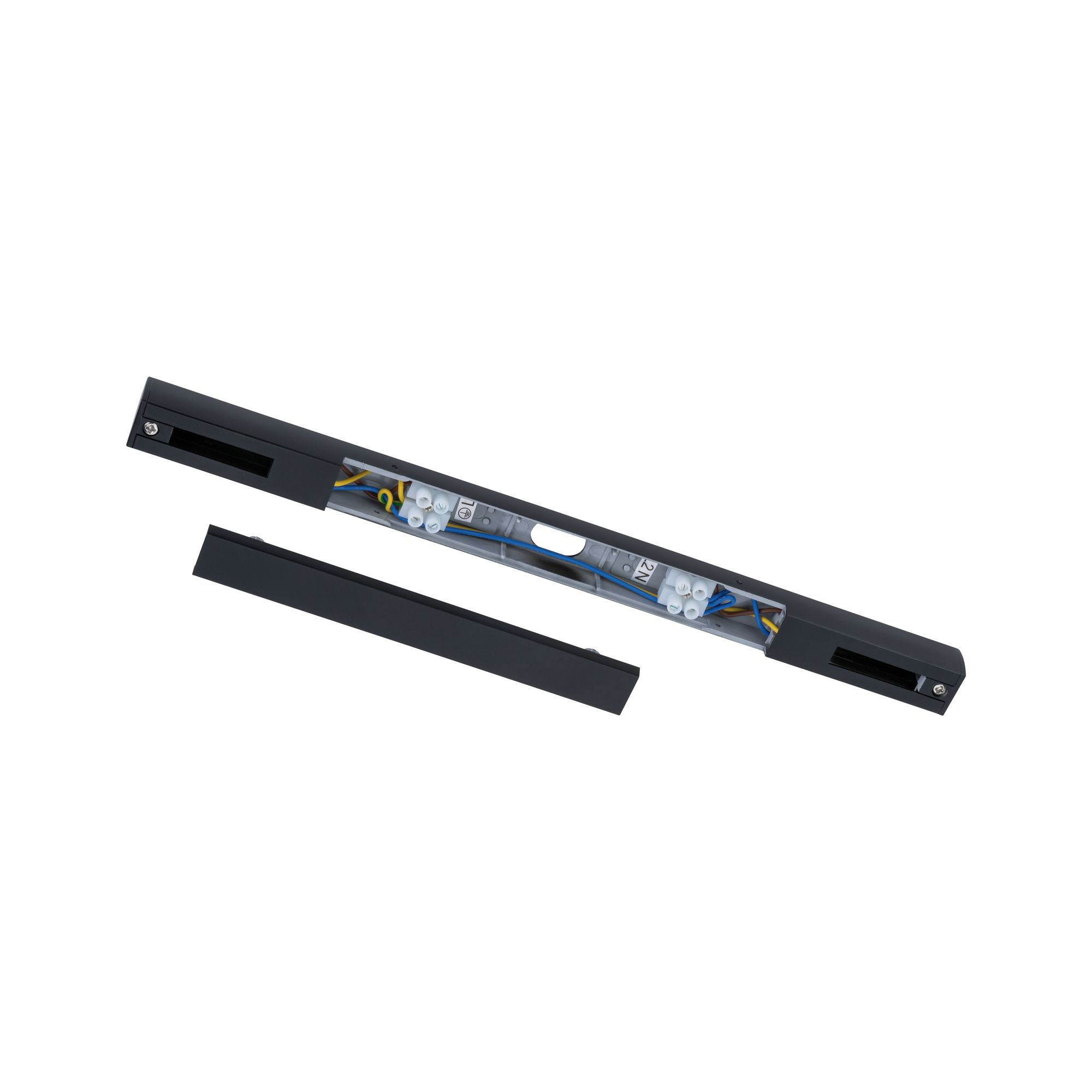 Schwarzer Stromschienen-Adapter mit freiliegenden Drähten und Klemmen.