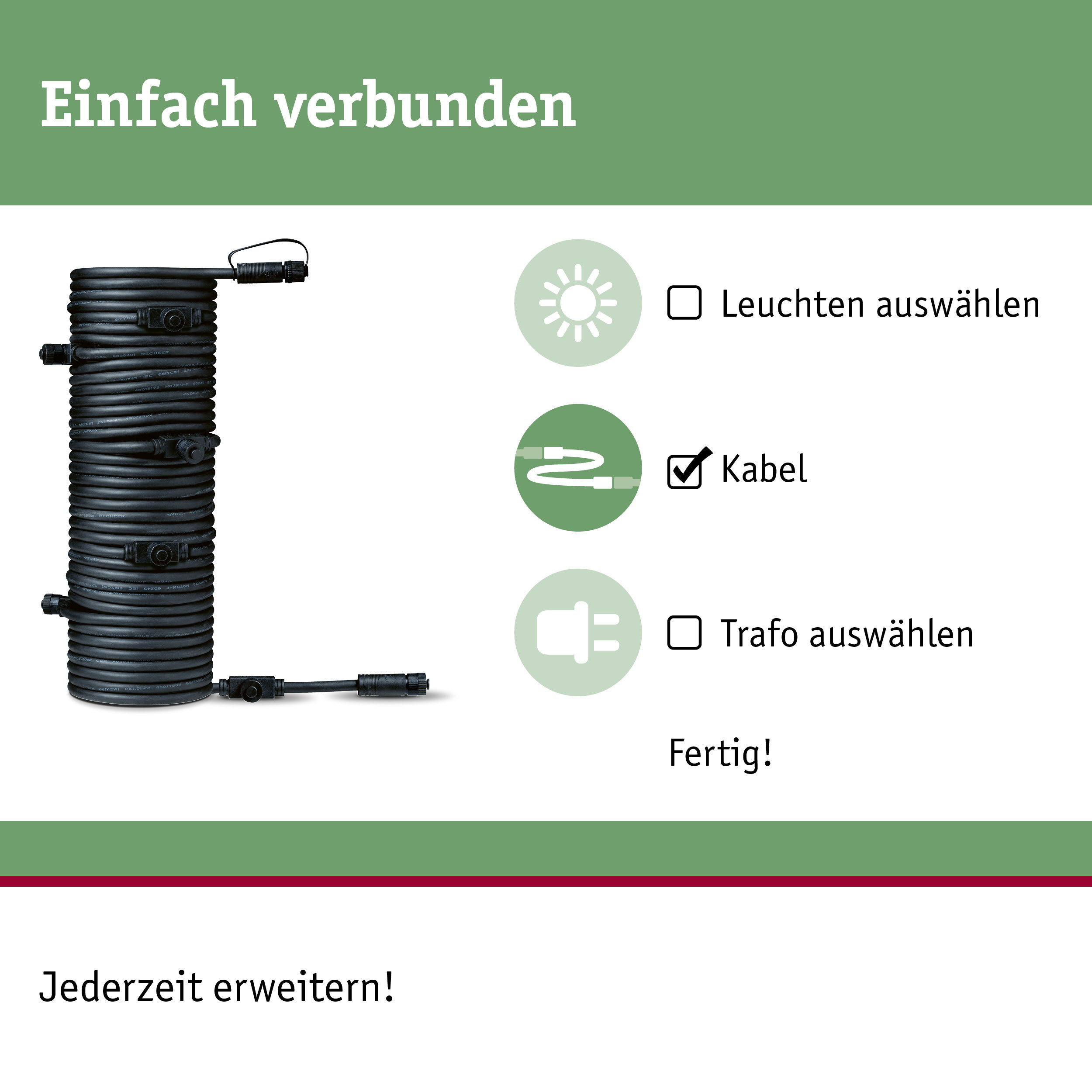 Schwarzes Kabel aufgewickelt, mit Auswahloptionen für Lichter und Trafo.