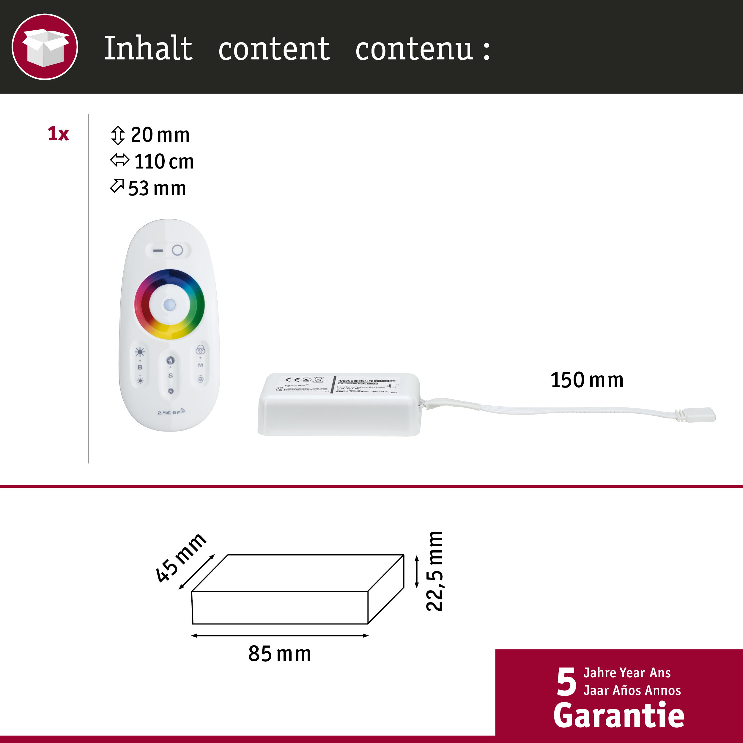 Biały kontroler i pilot LED RGB z podanymi wymiarami.
