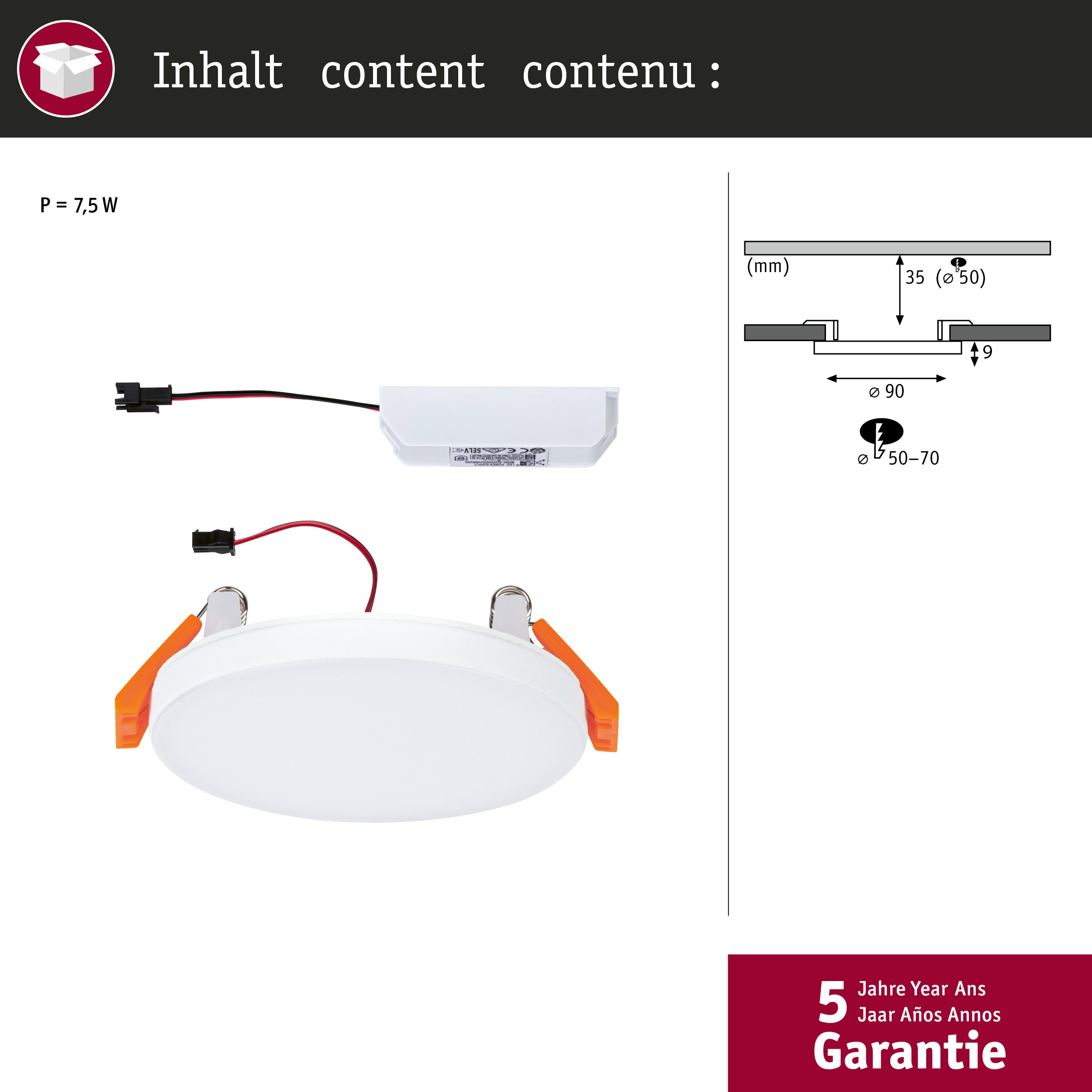 Eine weiße LED-Leuchte mit orangen Klammern, Netzteil und technischer Zeichnung.