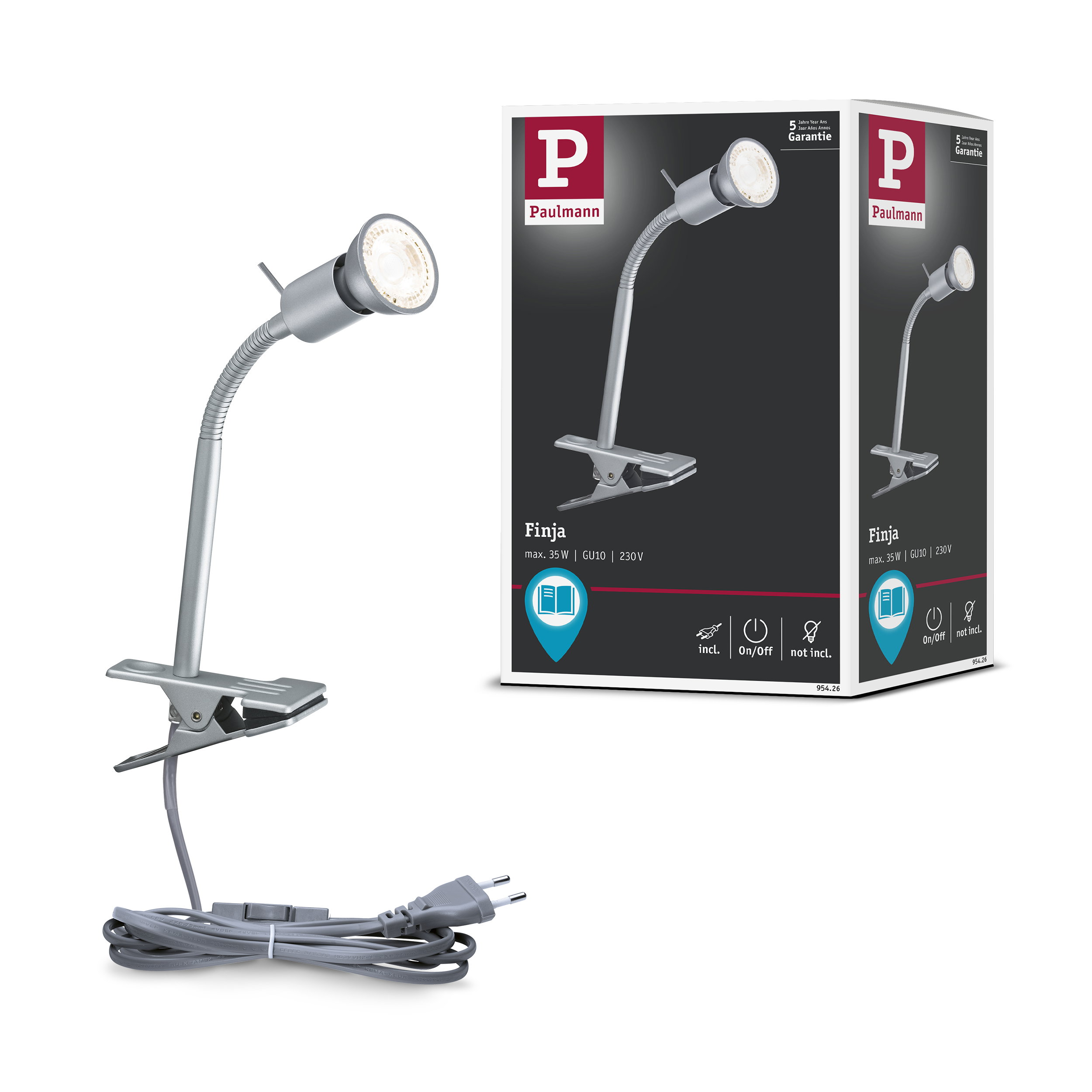 Srebrna lampa zaciskowa z gęsią szyją i gniazdem GU10 na opakowaniu.