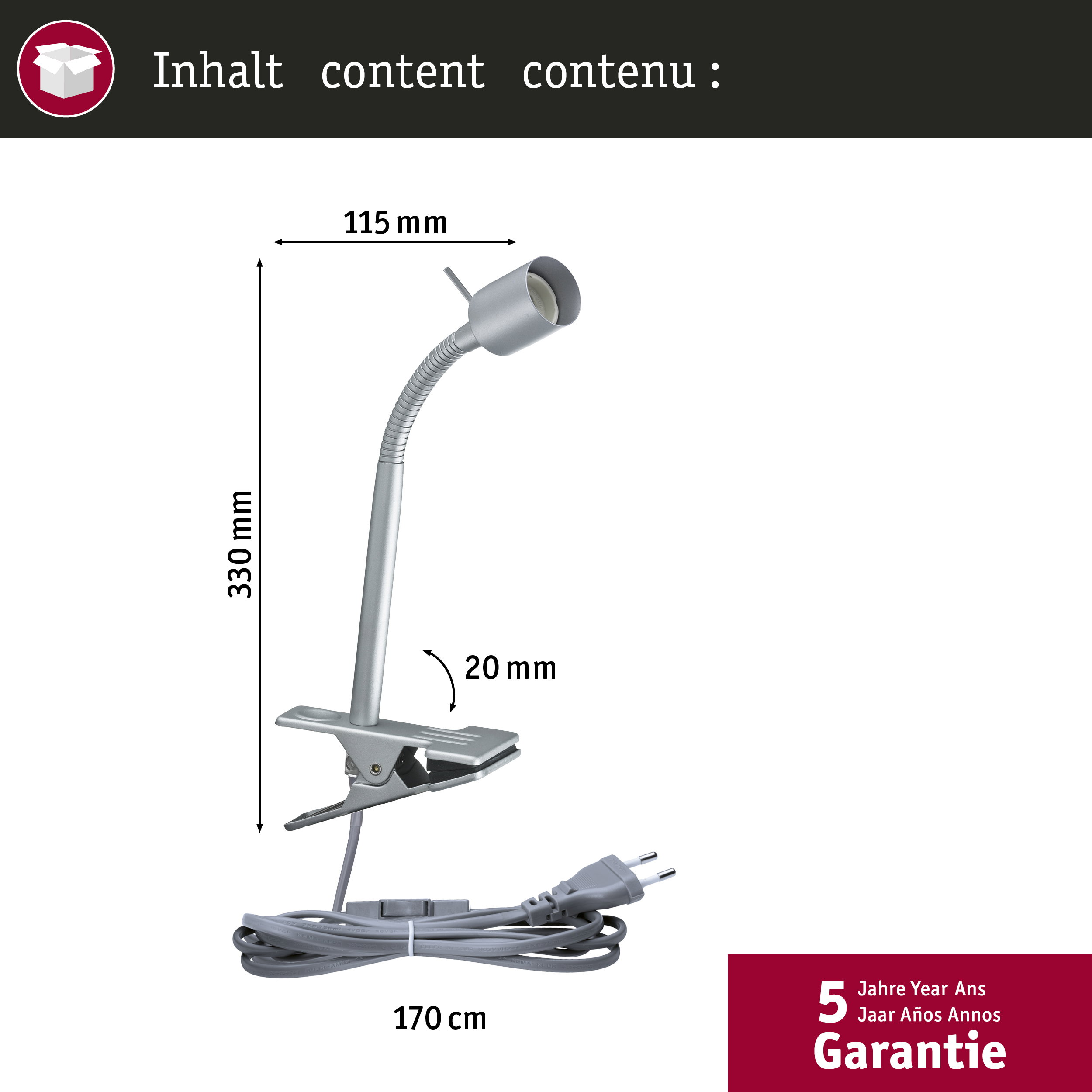 Srebrna lampa biurkowa z gęsią szyjką, zaciskiem, kablem i wtyczką.