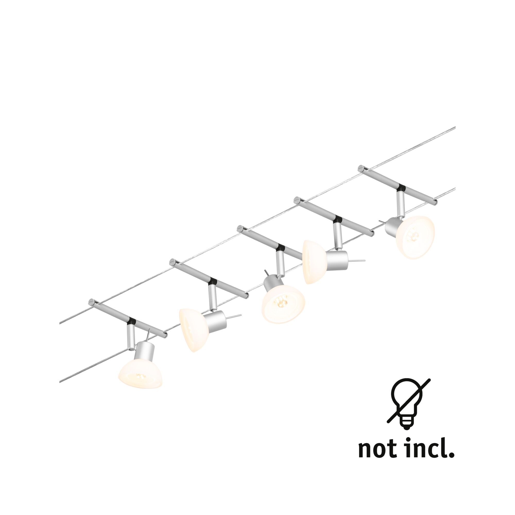Cinque faretti argentati su cavo, lampadine non incluse.