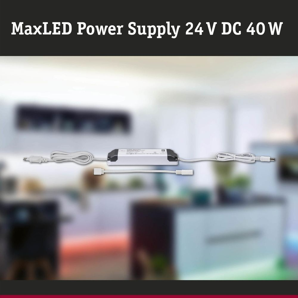 MaxLED Netzteil 24V DC 40W mit Kabeln und Stecker.