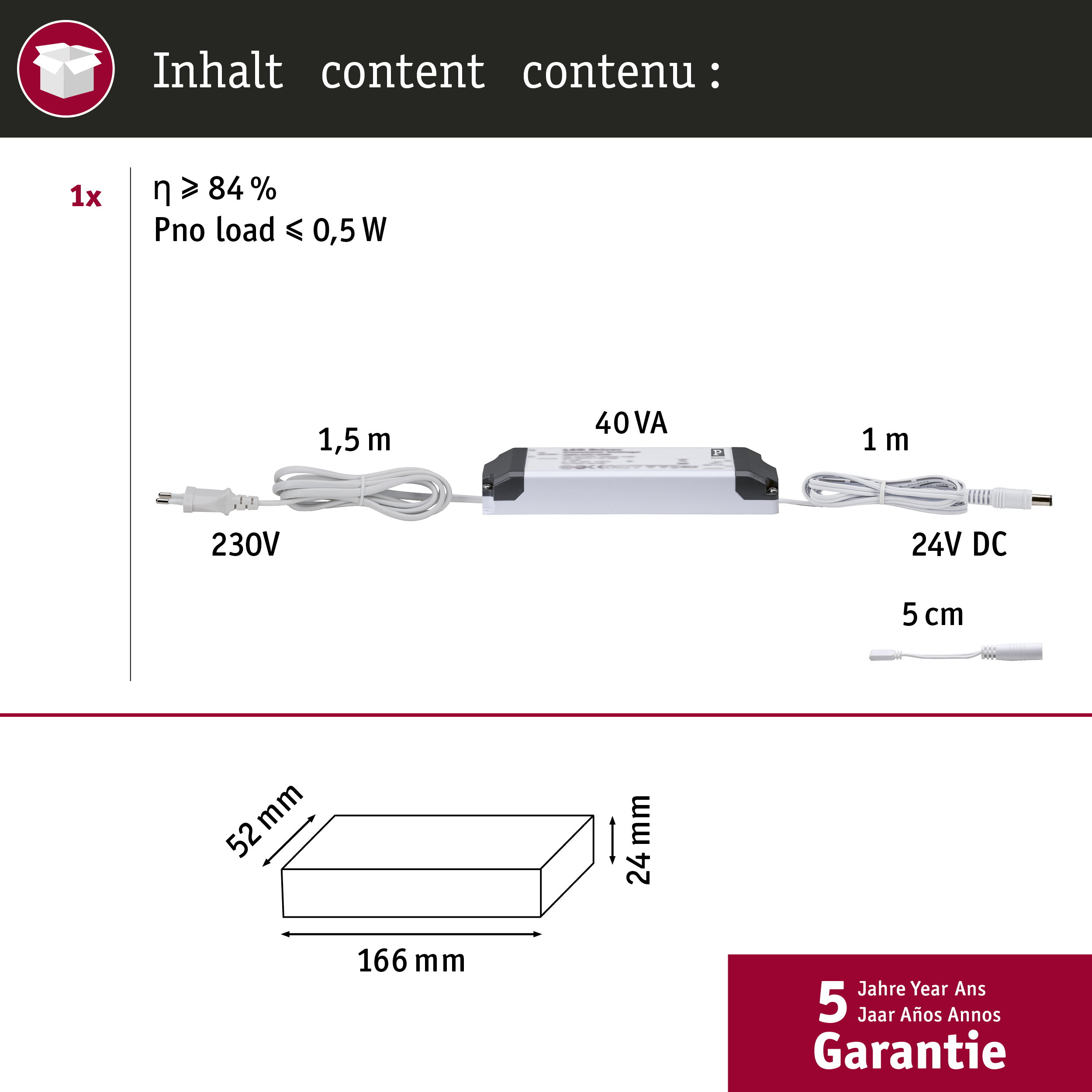 LED-Treiber mit 230V-Eingang, 24V-DC-Ausgang, 40VA, 1,5m und 1m Kabel.