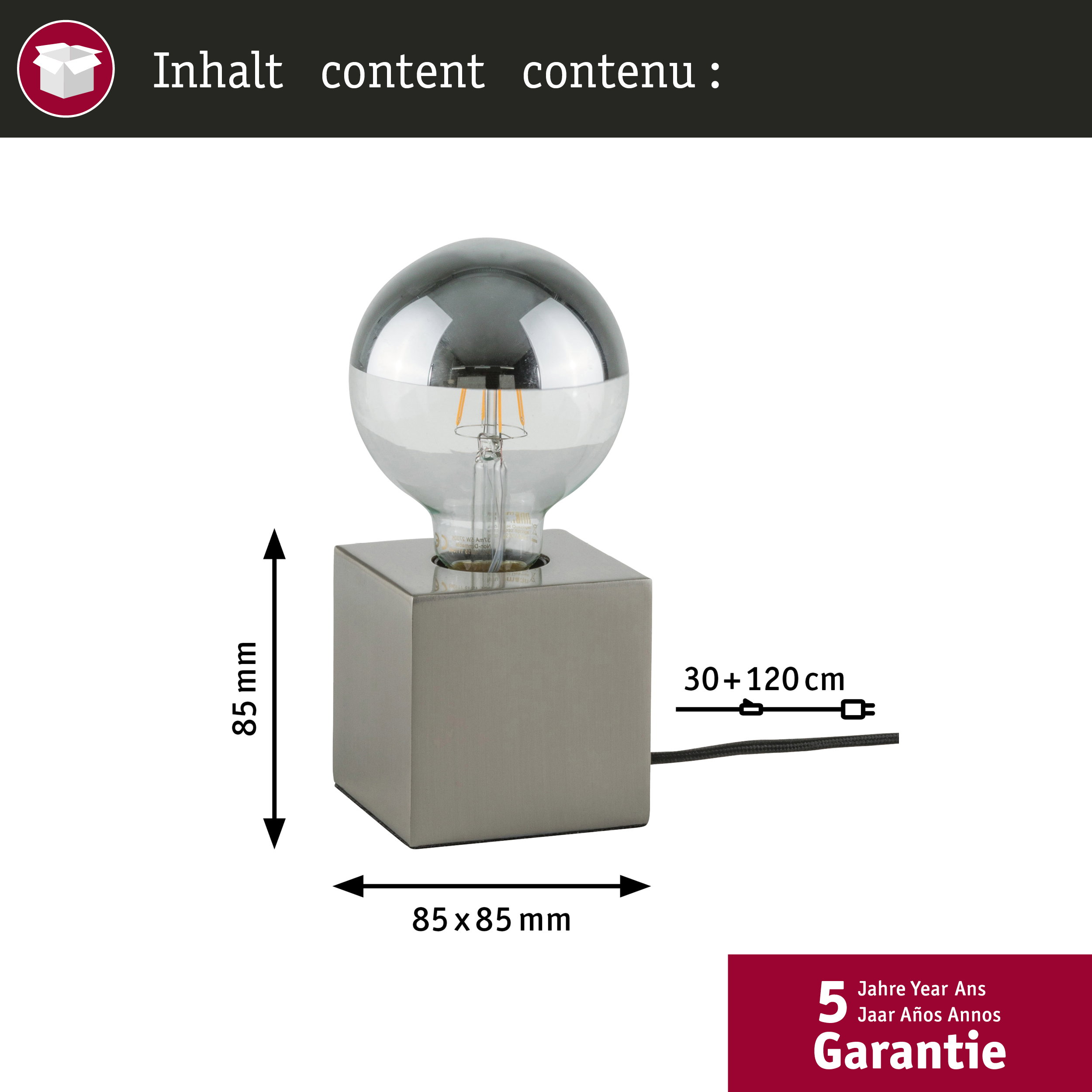 Srebrna żarówka na sześciościennej podstawie, z wymiarami.