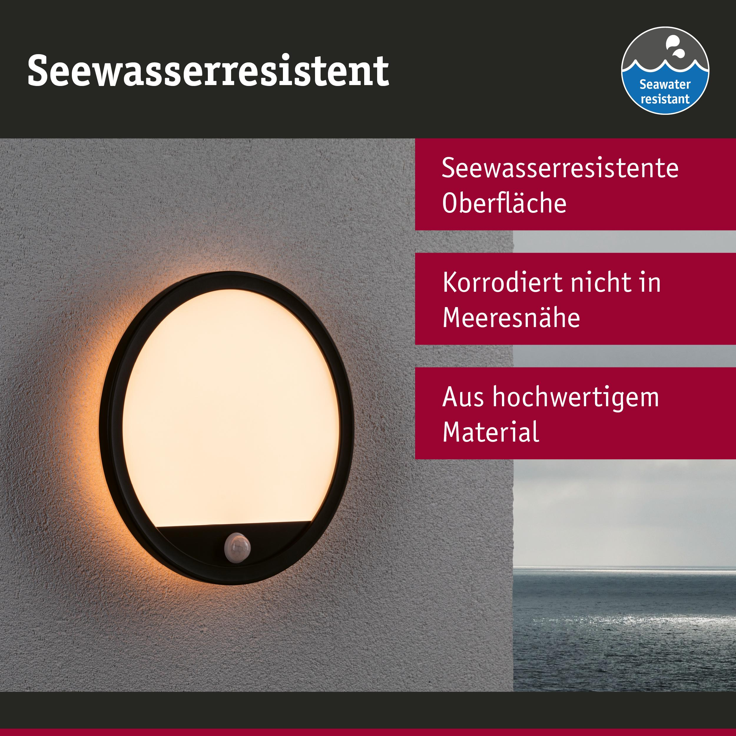 Okrągła lampa ścienna z czujnikiem ruchu, odporna na wodę morską, na teksturowanej ścianie.