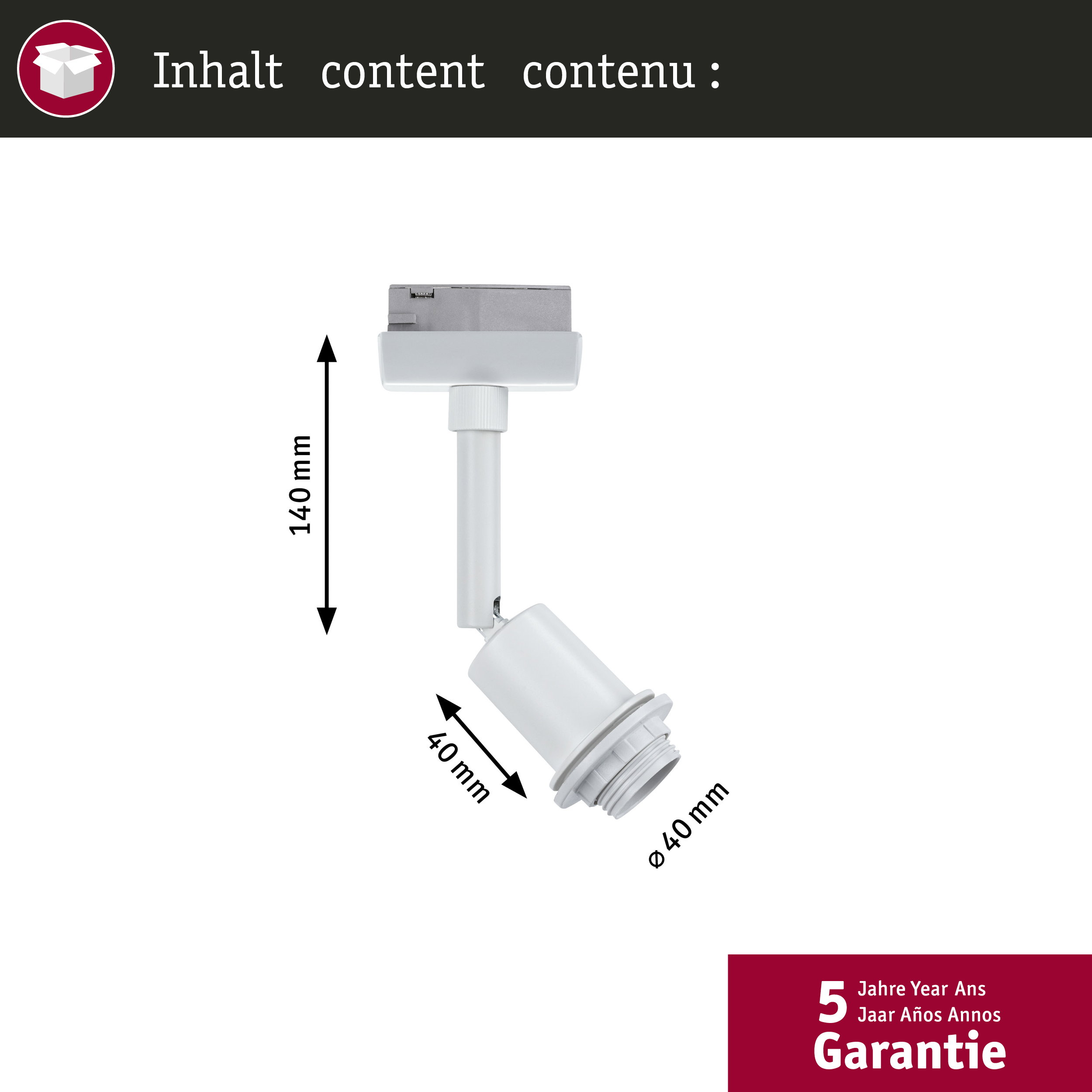 Ein weißer Lampen-Spot mit Maßen von 140mm Höhe und 40mm Durchmesser.