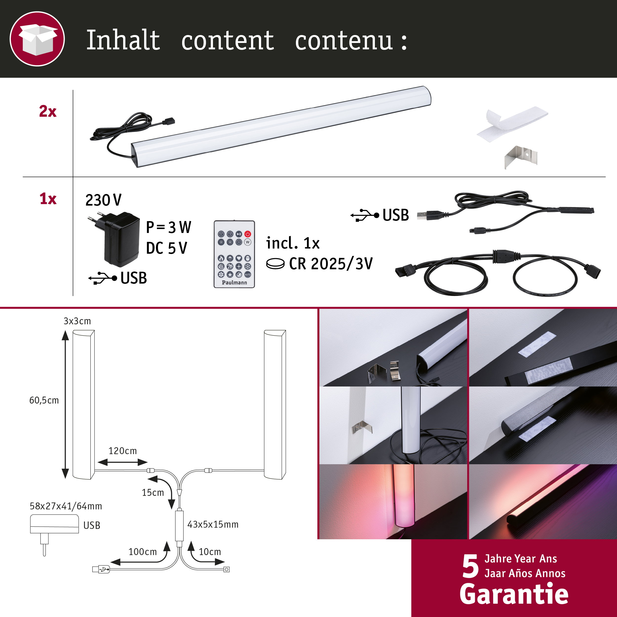 Zawartość: 2x paski LED, 1x zasilacz, 1x pilot, kable, uchwyty.