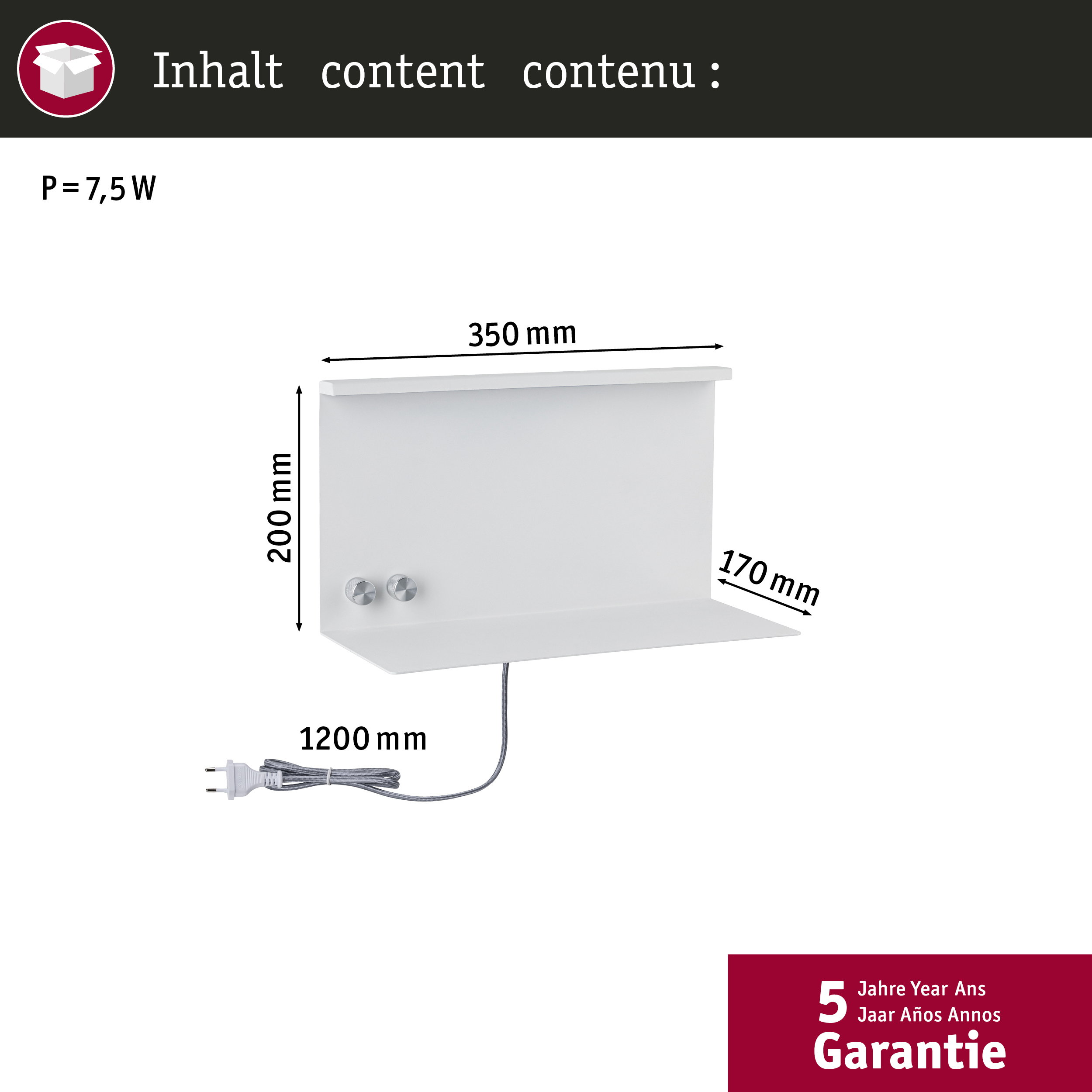 Biała półka 350x200x170mm, 7,5W, kabel 1200mm.