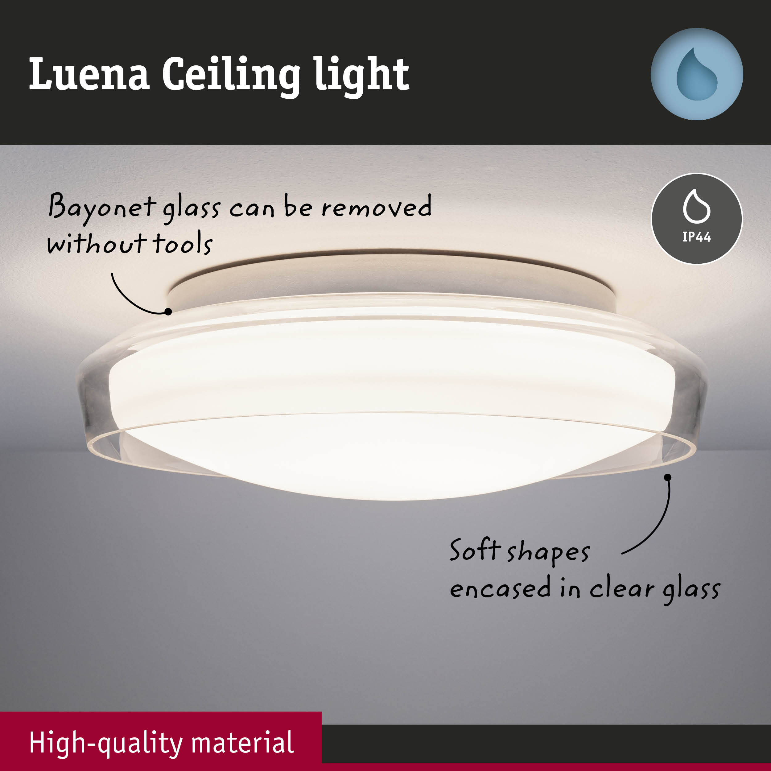 Lampa sufitowa Luena z przezroczystym szkłem i stopniem ochrony IP44.