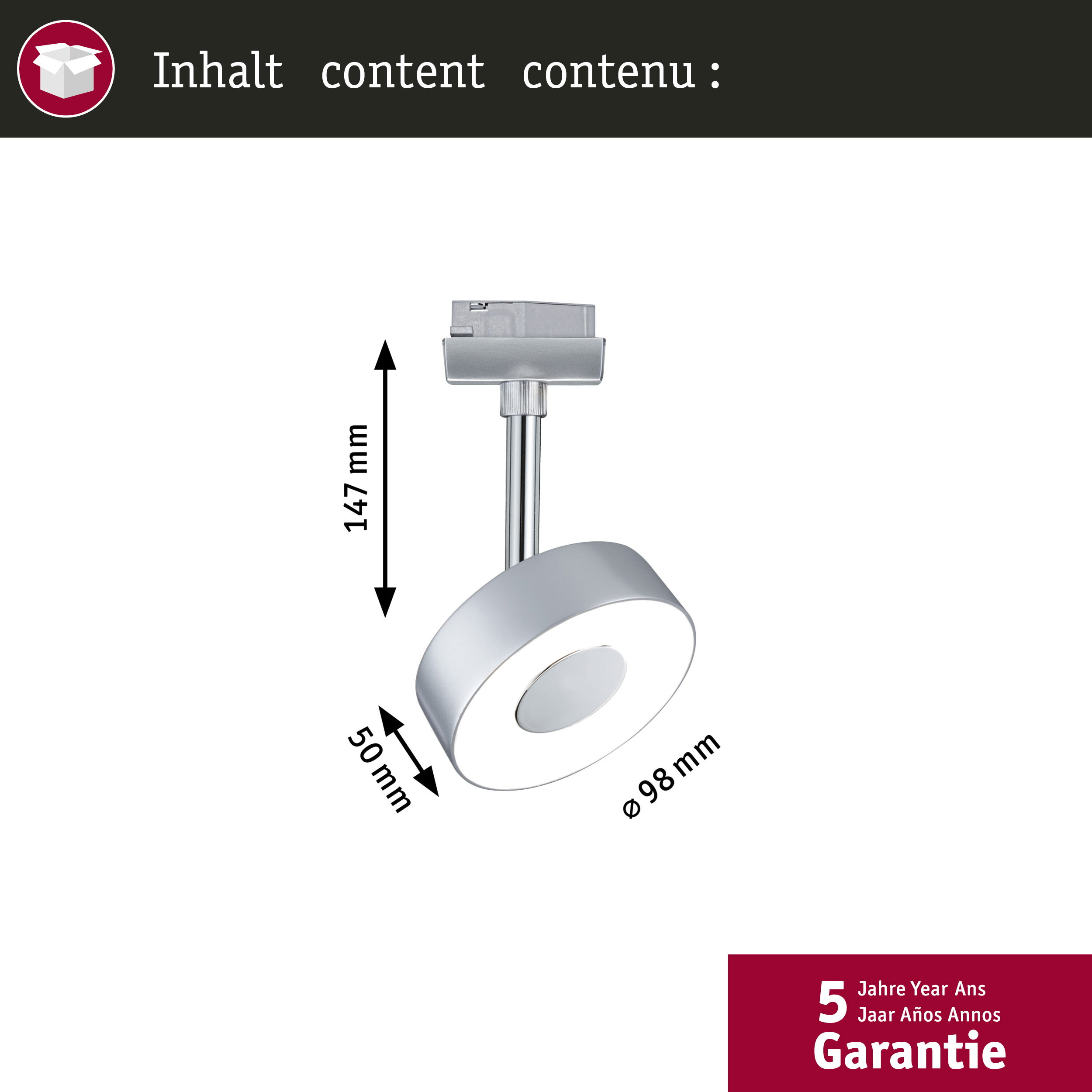 Srebrna lampa z wymiarami: wysokość 147mm, głębokość 50mm, średnica 98mm.