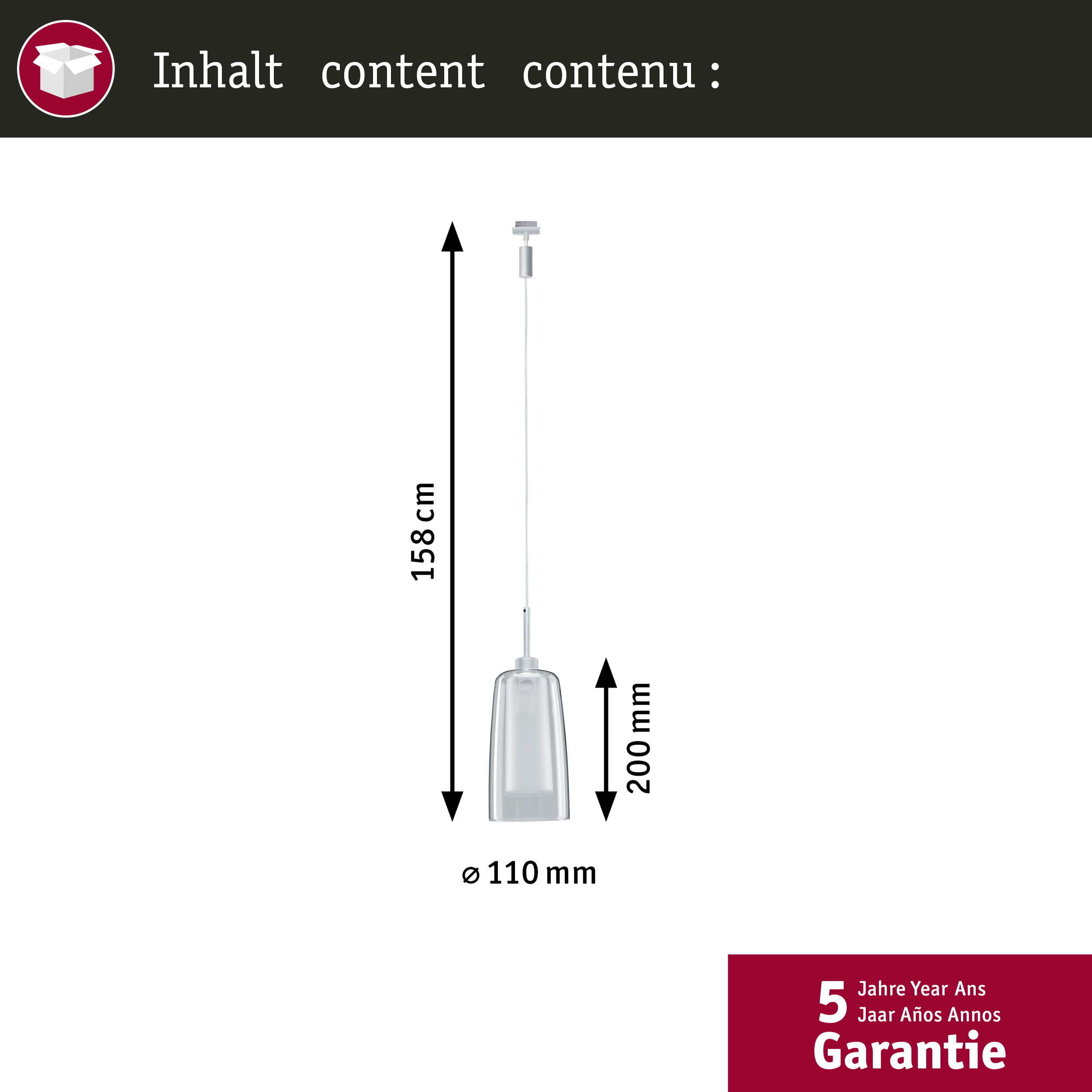 Una lampada a sospensione con paralume in vetro, alta 158 cm, diametro 110 mm.